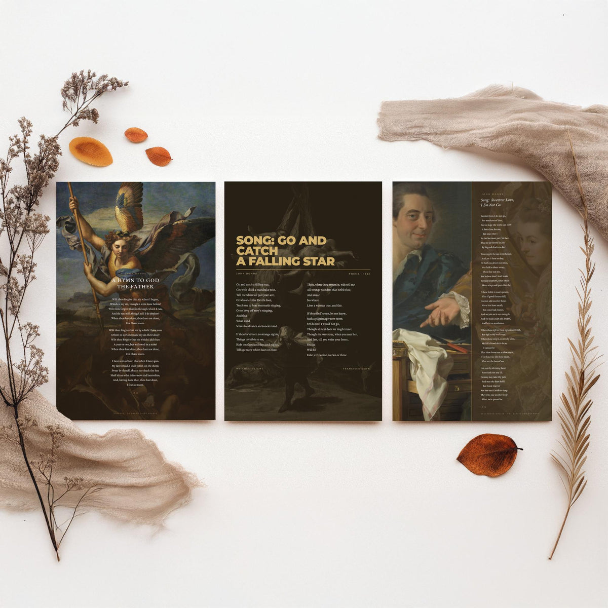 John Donne Set of Three Art Prints - Go and Catch a Falling Star, Sweetest Love I Do Not Go - Full Poems over Classic Paintings - Poster