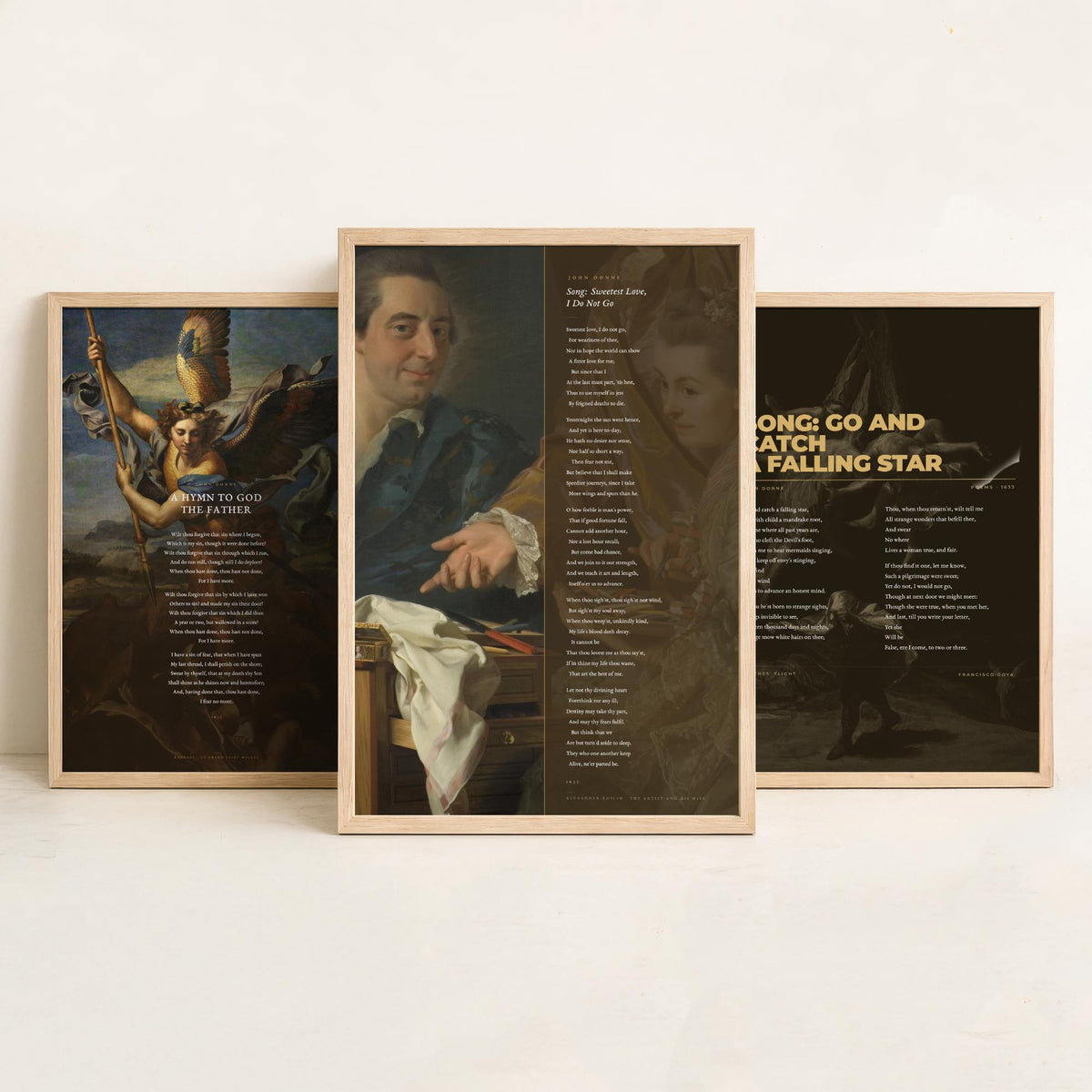 John Donne Set of Three Art Prints - Go and Catch a Falling Star, Sweetest Love I Do Not Go - Full Poems over Classic Paintings - Poster
