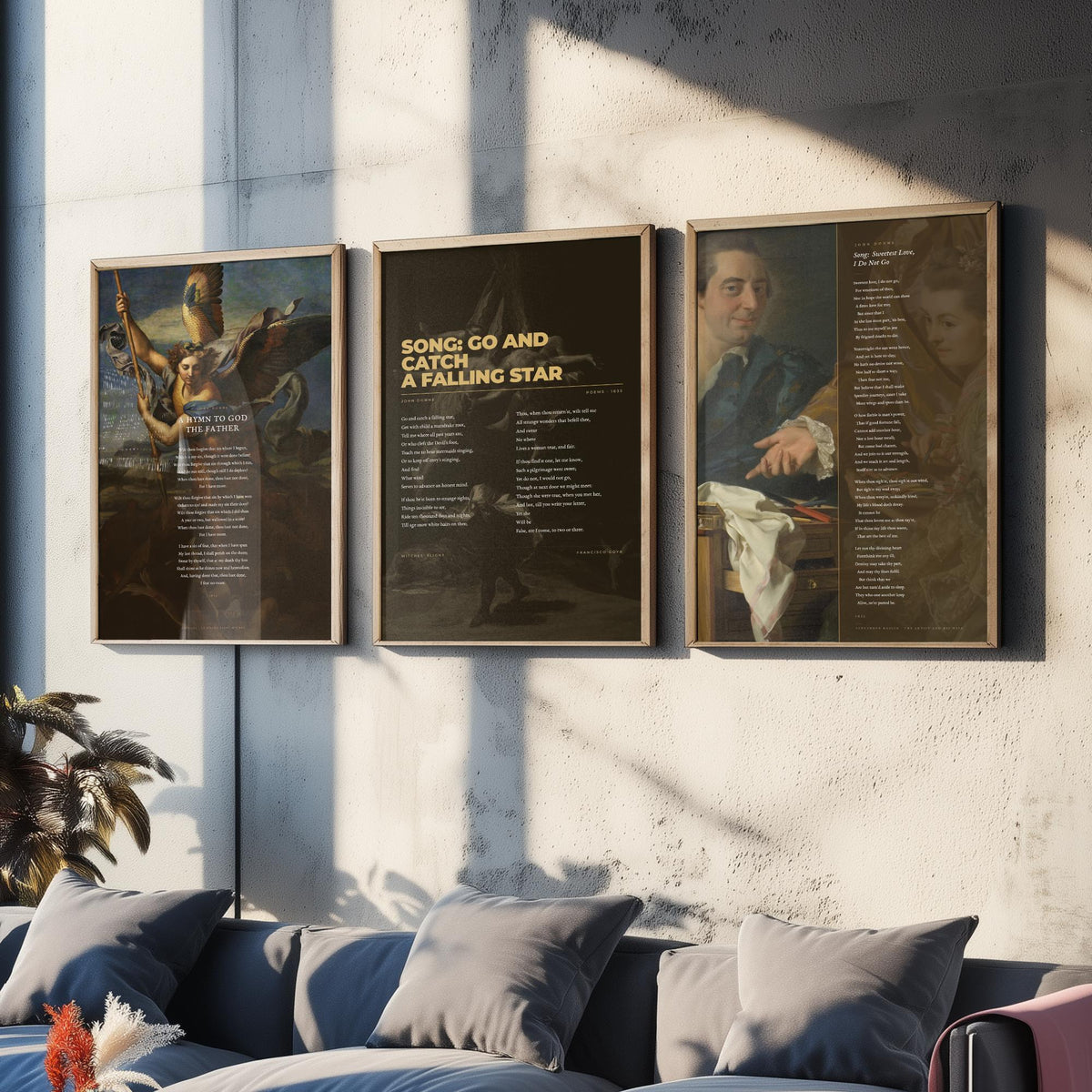 John Donne Set of Three Art Prints - Go and Catch a Falling Star, Sweetest Love I Do Not Go - Full Poems over Classic Paintings - Poster