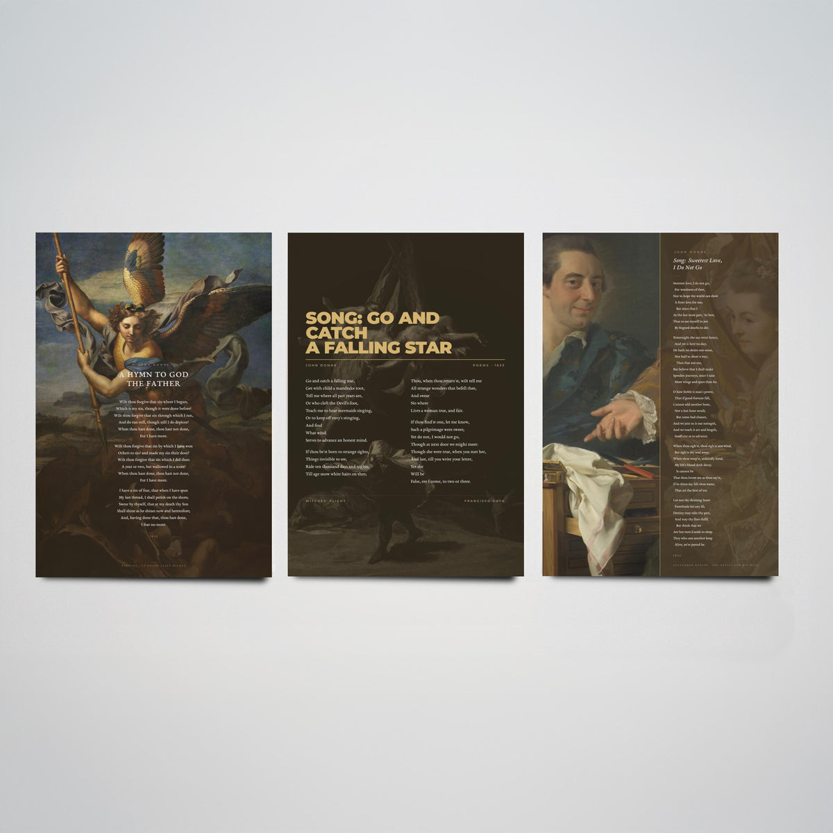 John Donne Set of Three Art Prints - Go and Catch a Falling Star, Sweetest Love I Do Not Go - Full Poems over Classic Paintings - Poster