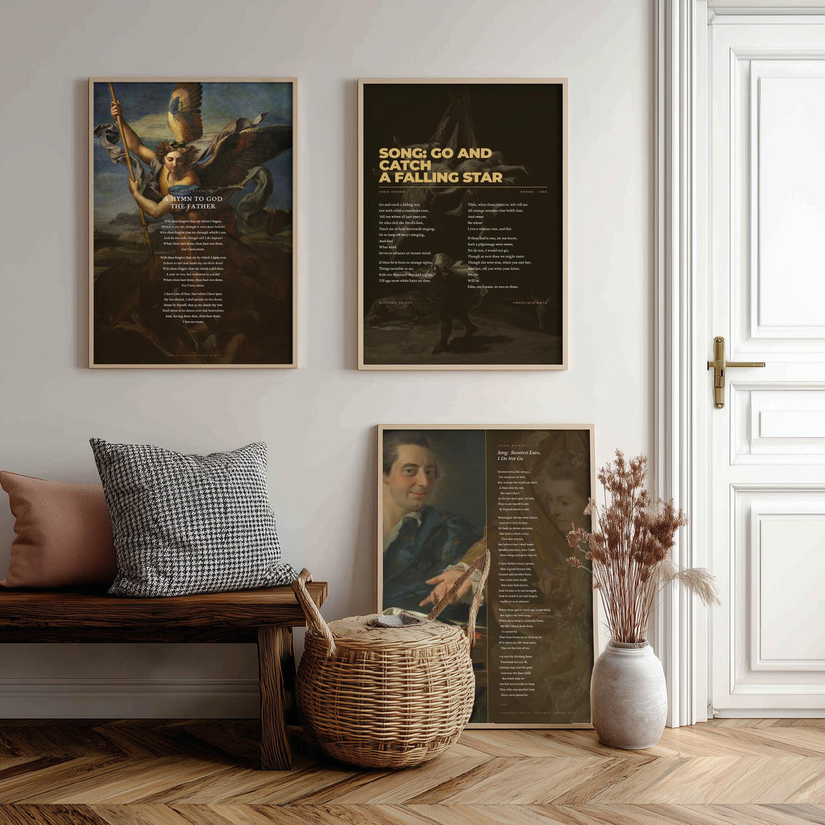 John Donne Set of Three Art Prints - Go and Catch a Falling Star, Sweetest Love I Do Not Go - Full Poems over Classic Paintings - Poster