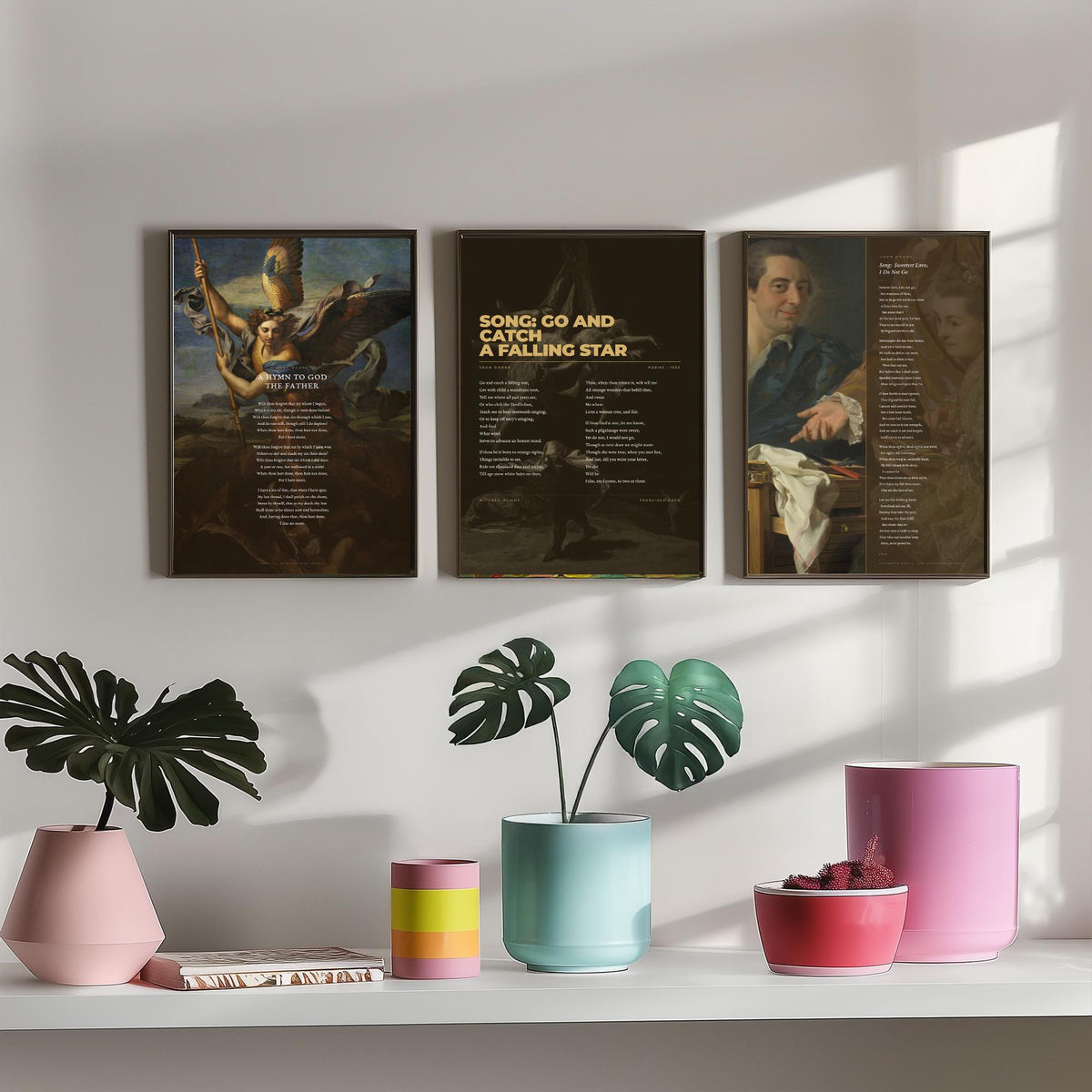 John Donne Set of Three Art Prints - Go and Catch a Falling Star, Sweetest Love I Do Not Go - Full Poems over Classic Paintings - Poster