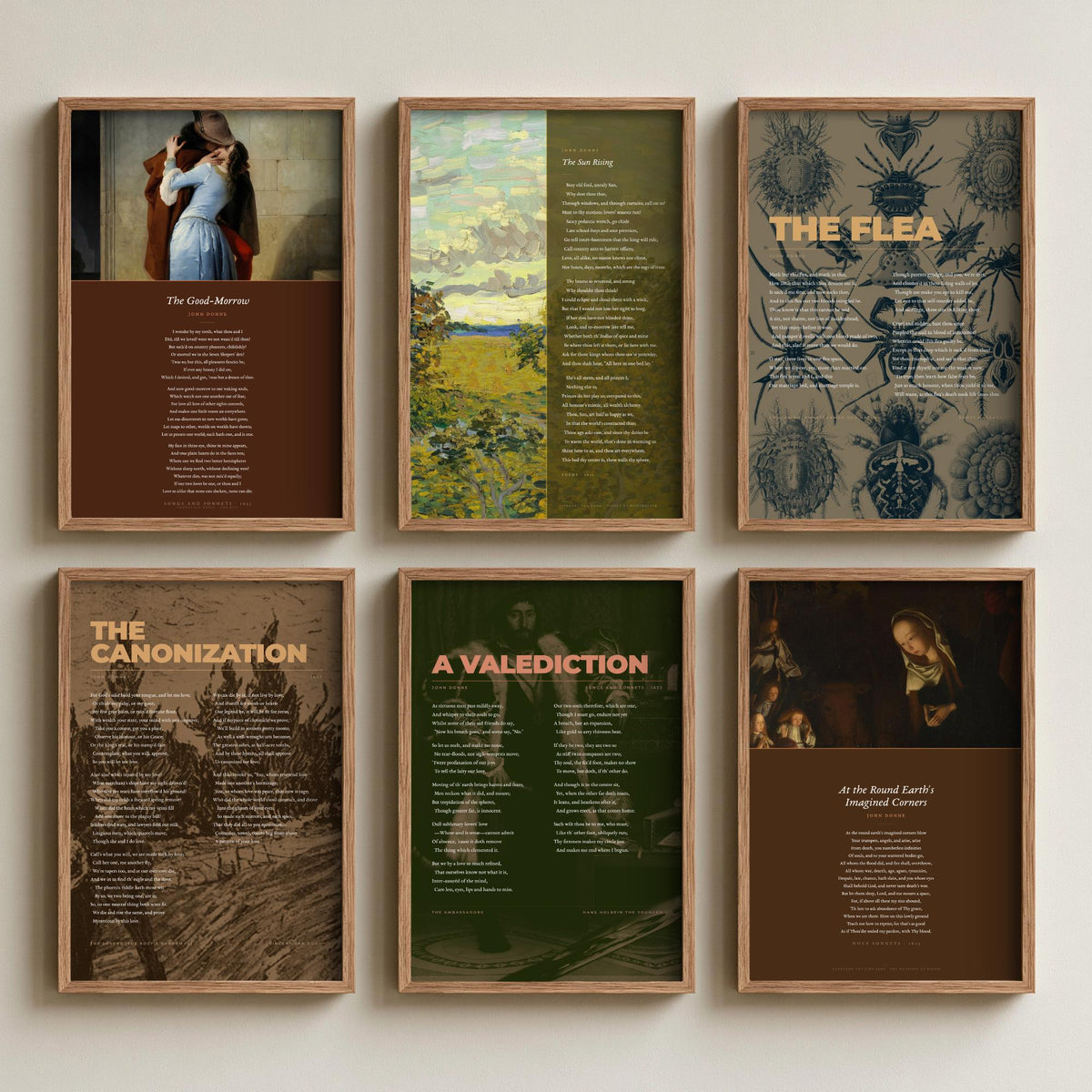 Set of Six John Donne Poem Art Prints - 6 Full Poems over Classic Paintings - Poetry Posters - The Sun Rising, The Good-Morrow, The Flea