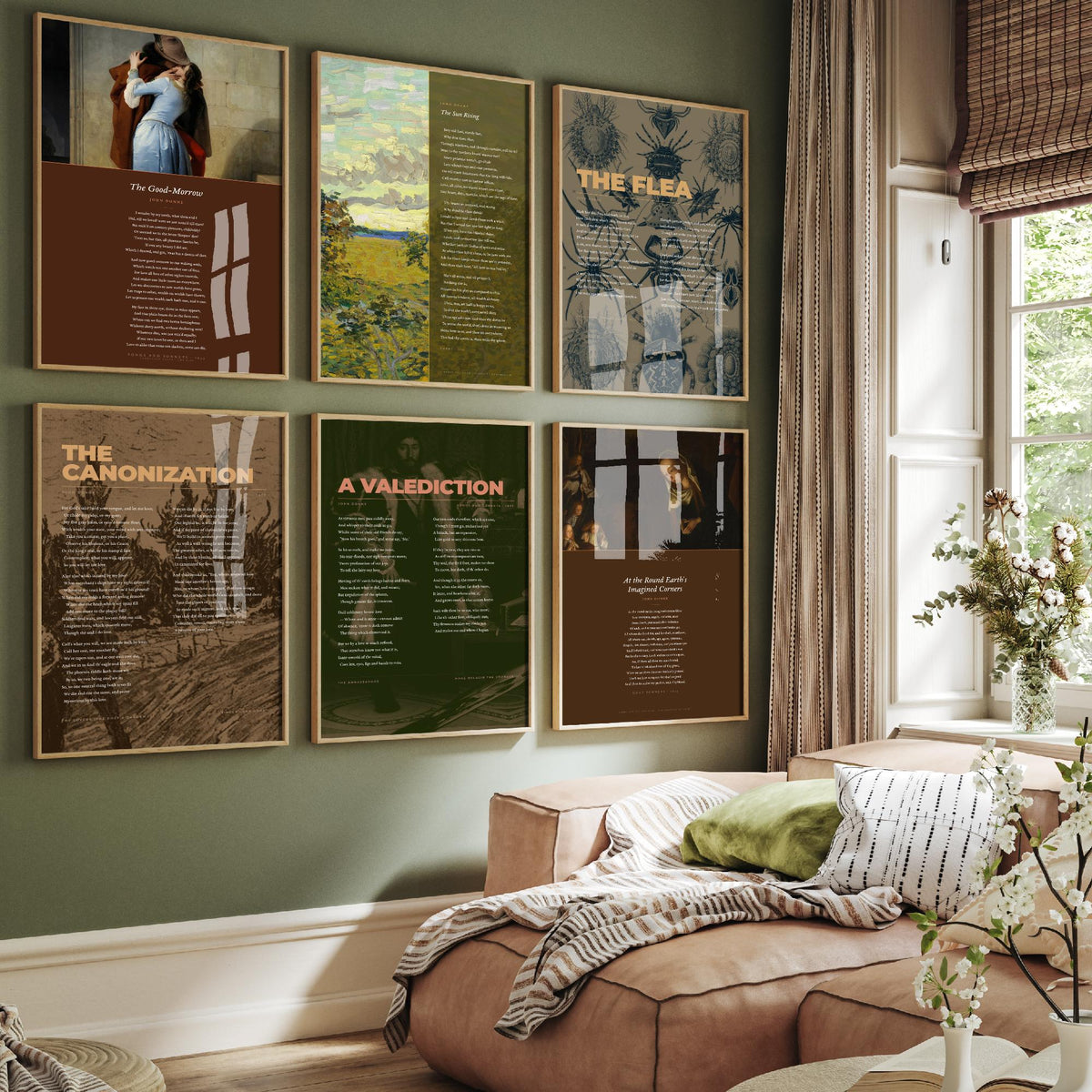 Set of Six John Donne Poem Art Prints - 6 Full Poems over Classic Paintings - Poetry Posters - The Sun Rising, The Good-Morrow, The Flea