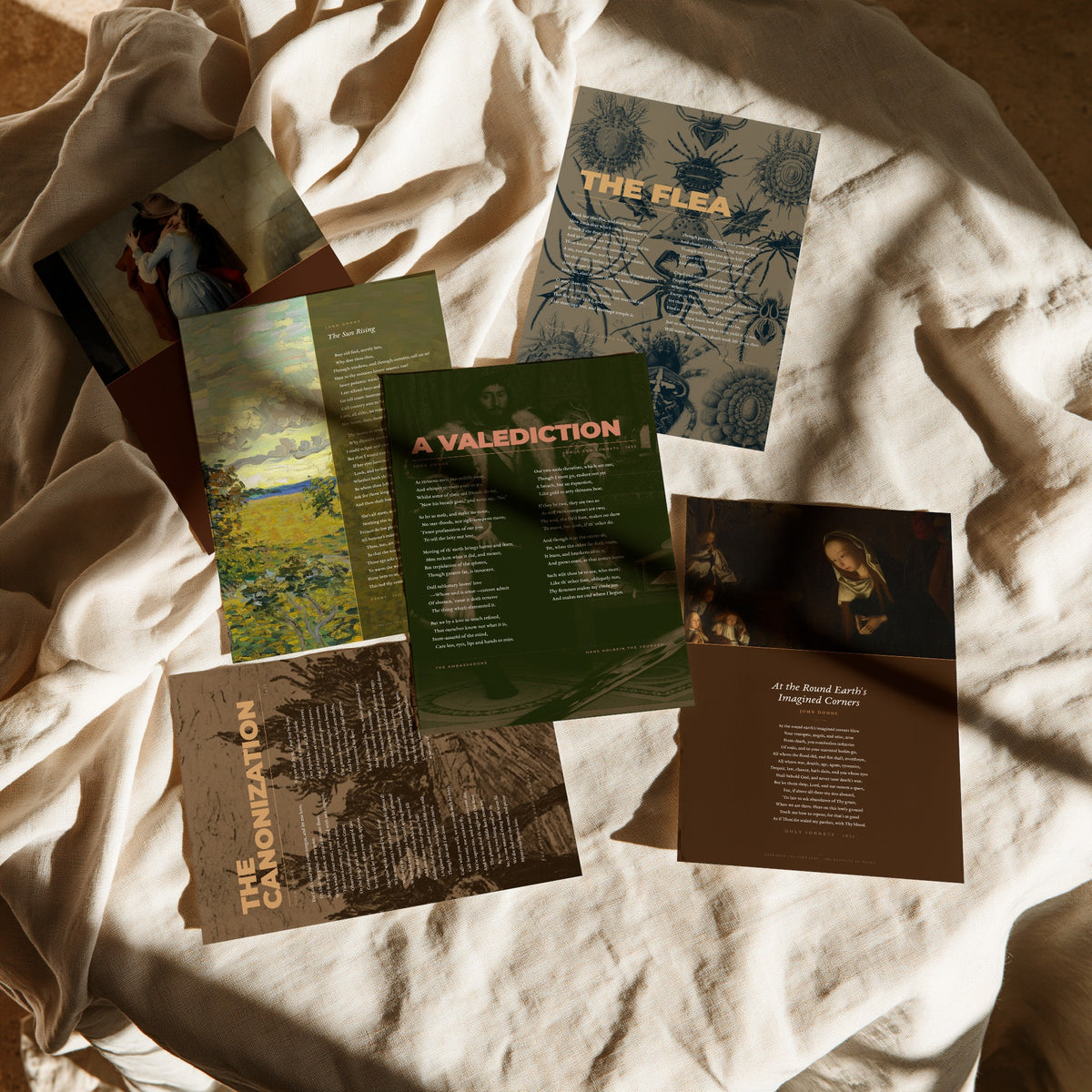 Set of Six John Donne Poem Art Prints - 6 Full Poems over Classic Paintings - Poetry Posters - The Sun Rising, The Good-Morrow, The Flea