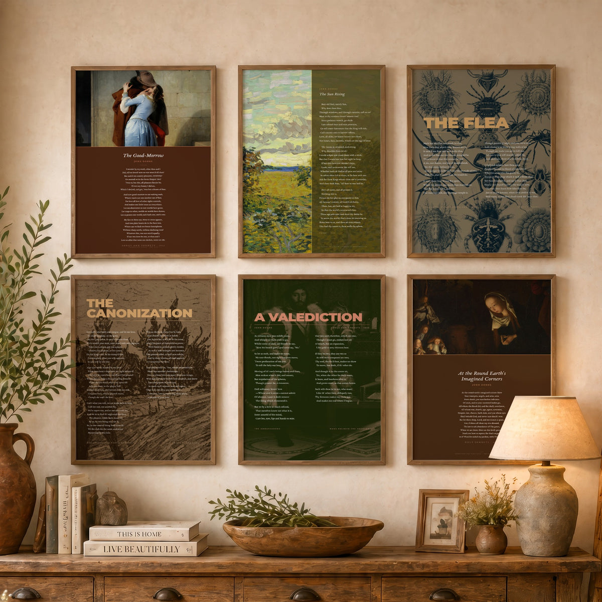 Set of Six John Donne Poem Art Prints - 6 Full Poems over Classic Paintings - Poetry Posters - The Sun Rising, The Good-Morrow, The Flea