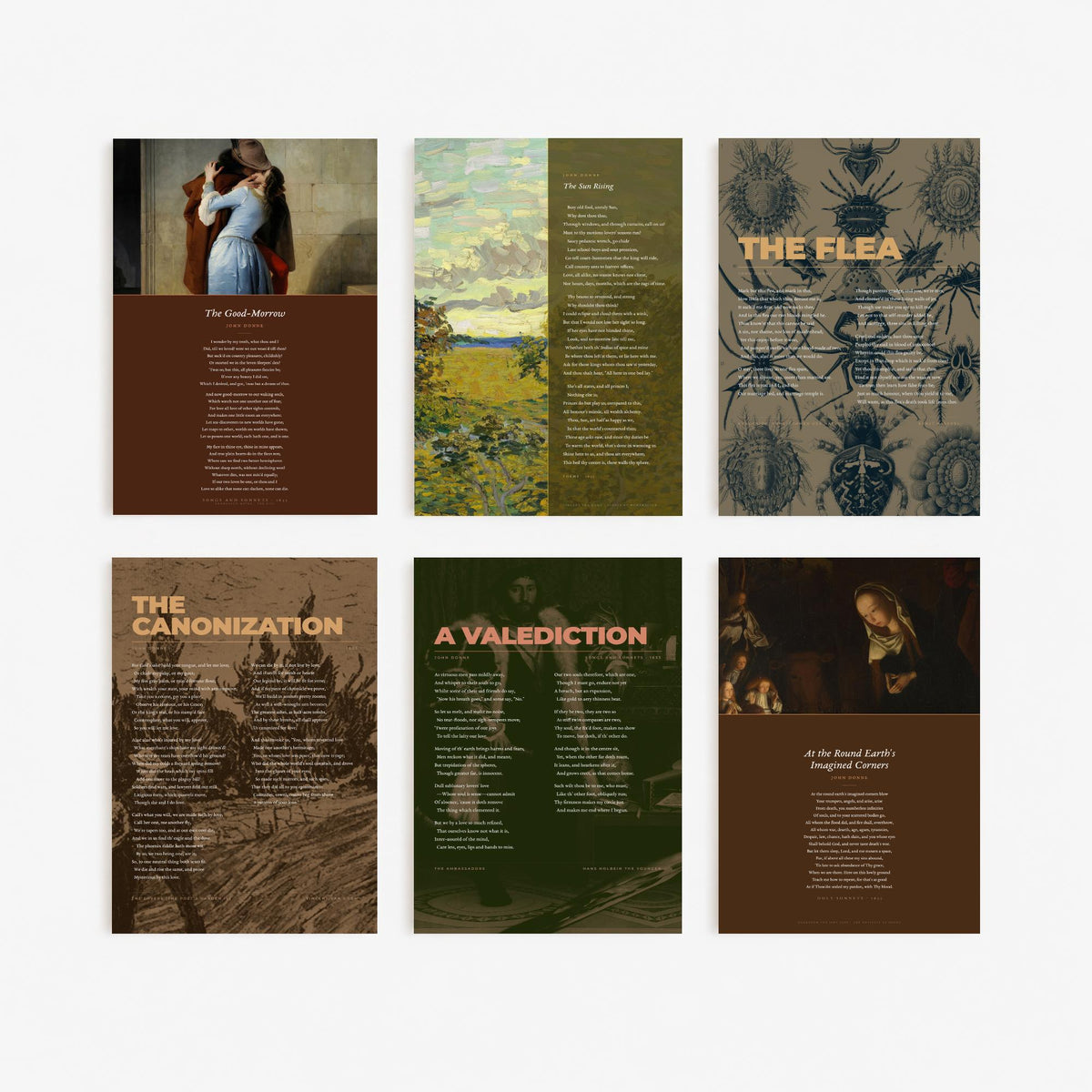Set of Six John Donne Poem Art Prints - 6 Full Poems over Classic Paintings - Poetry Posters - The Sun Rising, The Good-Morrow, The Flea