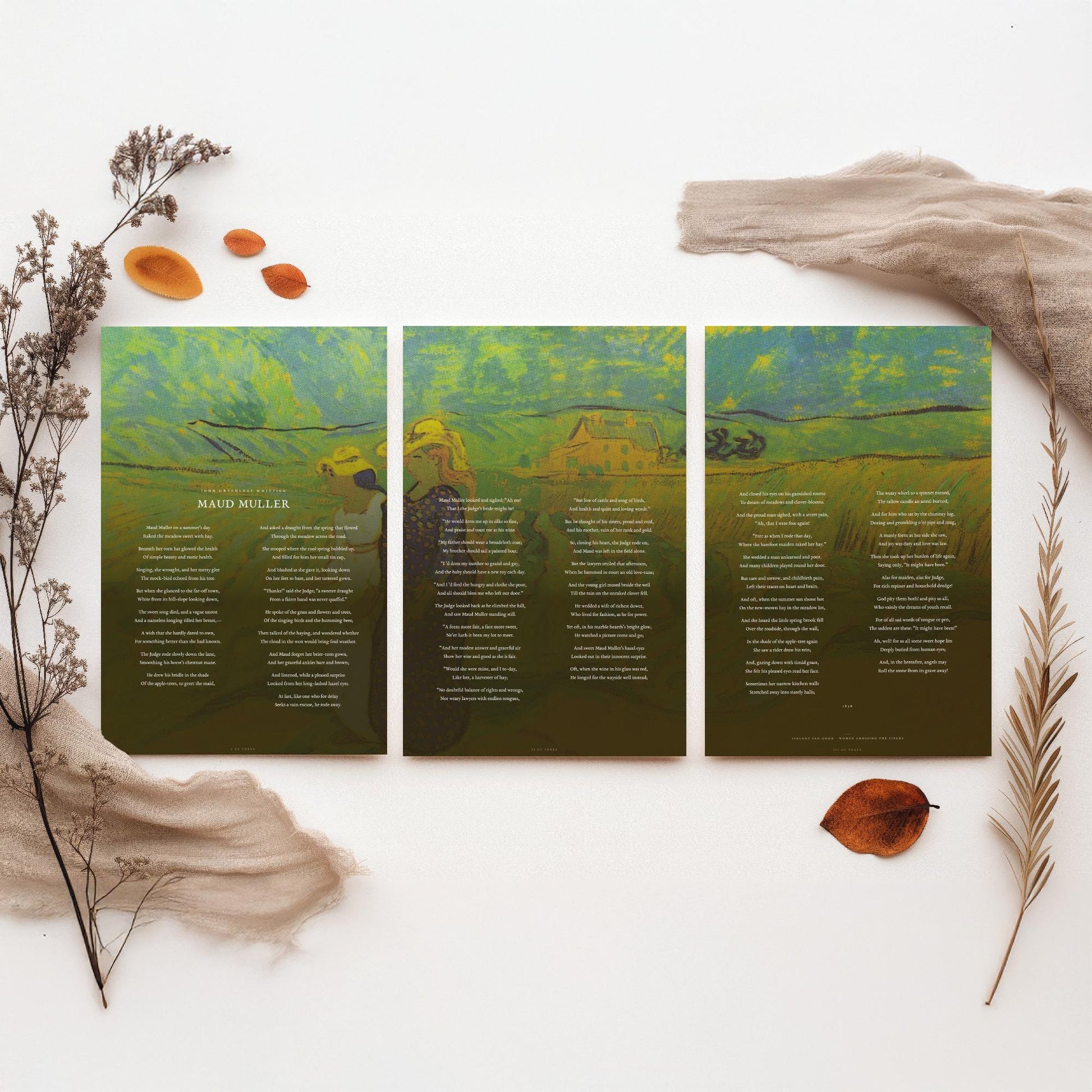 Maud Muller by John Greenleaf Whittier Set of Three Art Prints - Full Poem over Van Gogh Fields Painting - Poetry Poster Triptych Decor