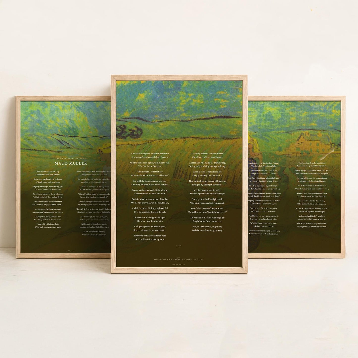 Maud Muller by John Greenleaf Whittier Set of Three Art Prints - Full Poem over Van Gogh Fields Painting - Poetry Poster Triptych Decor