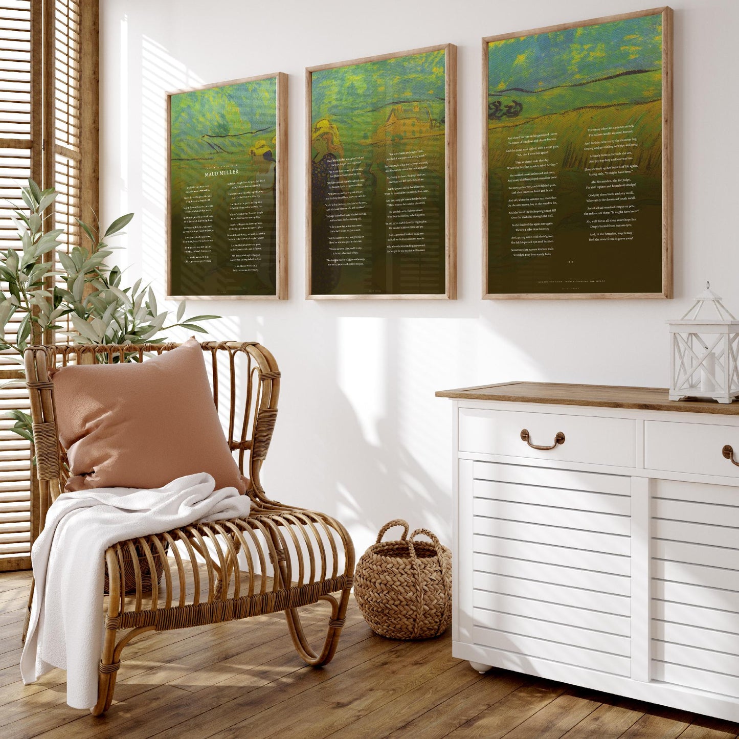 Maud Muller by John Greenleaf Whittier Set of Three Art Prints - Full Poem over Van Gogh Fields Painting - Poetry Poster Triptych Decor
