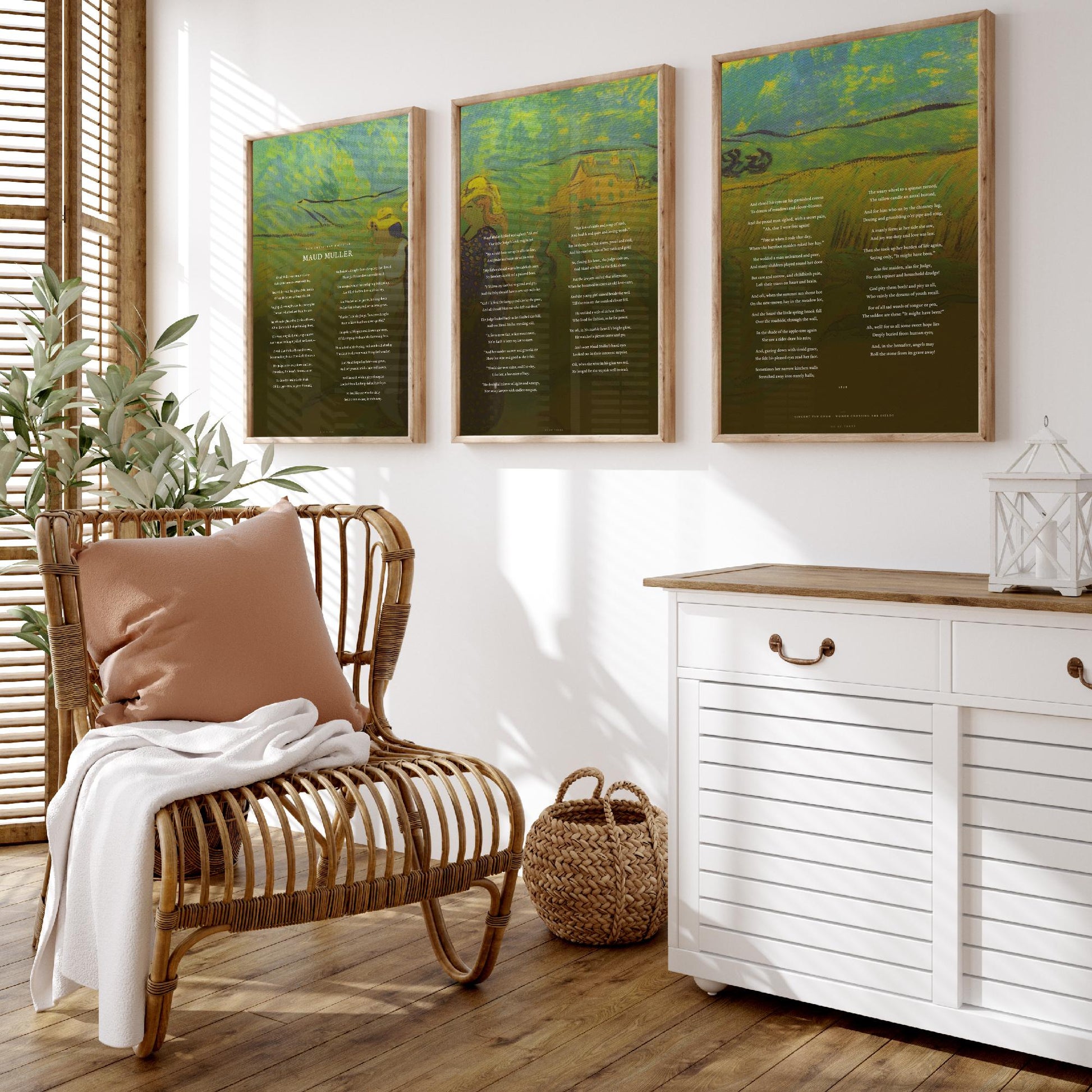 Maud Muller by John Greenleaf Whittier Set of Three Art Prints - Full Poem over Van Gogh Fields Painting - Poetry Poster Triptych Decor