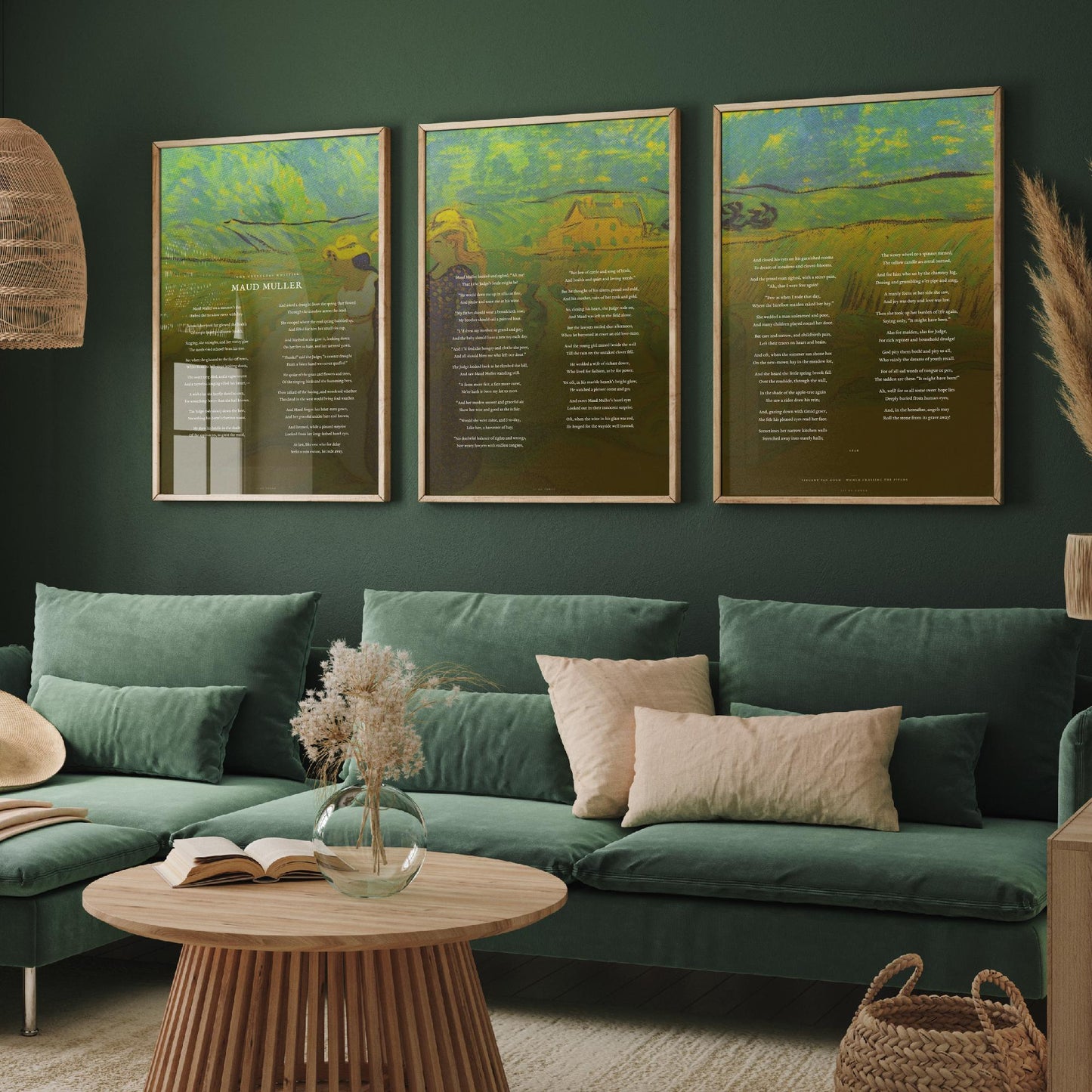 Maud Muller by John Greenleaf Whittier Set of Three Art Prints - Full Poem over Van Gogh Fields Painting - Poetry Poster Triptych Decor