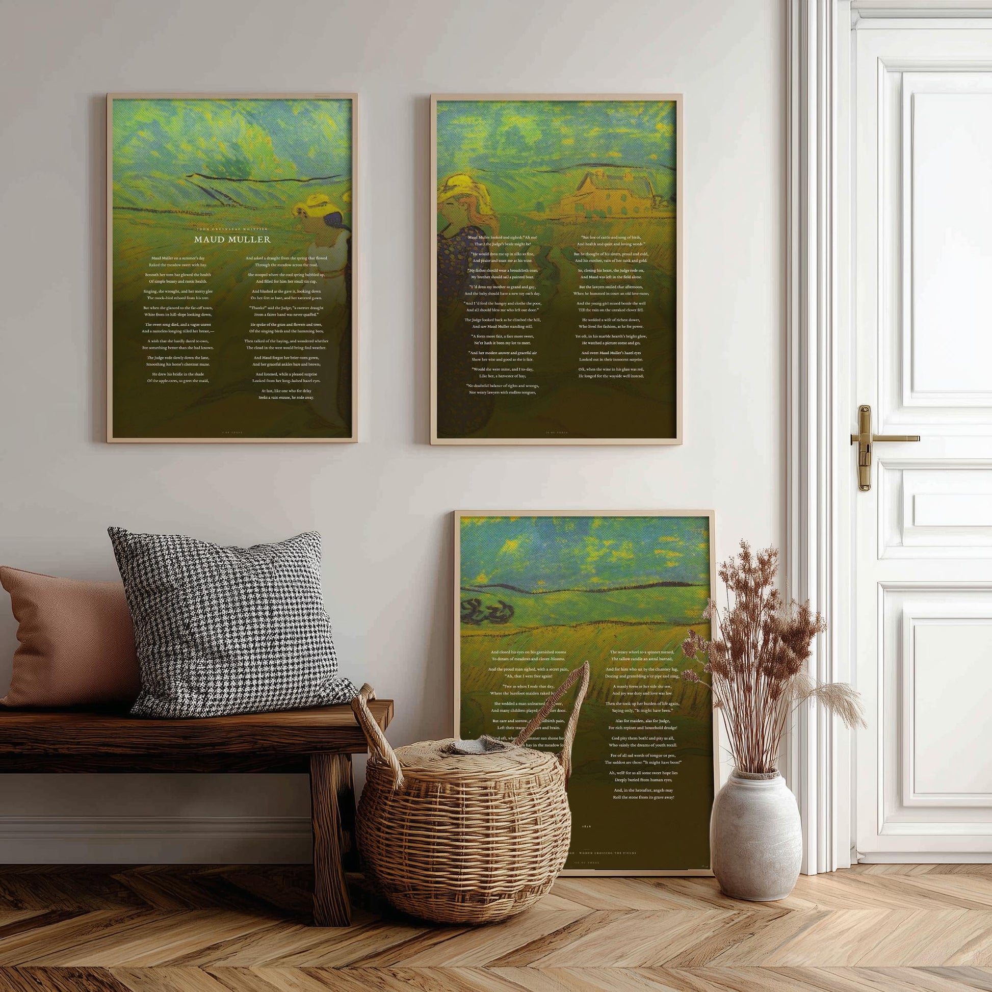 Maud Muller by John Greenleaf Whittier Set of Three Art Prints - Full Poem over Van Gogh Fields Painting - Poetry Poster Triptych Decor
