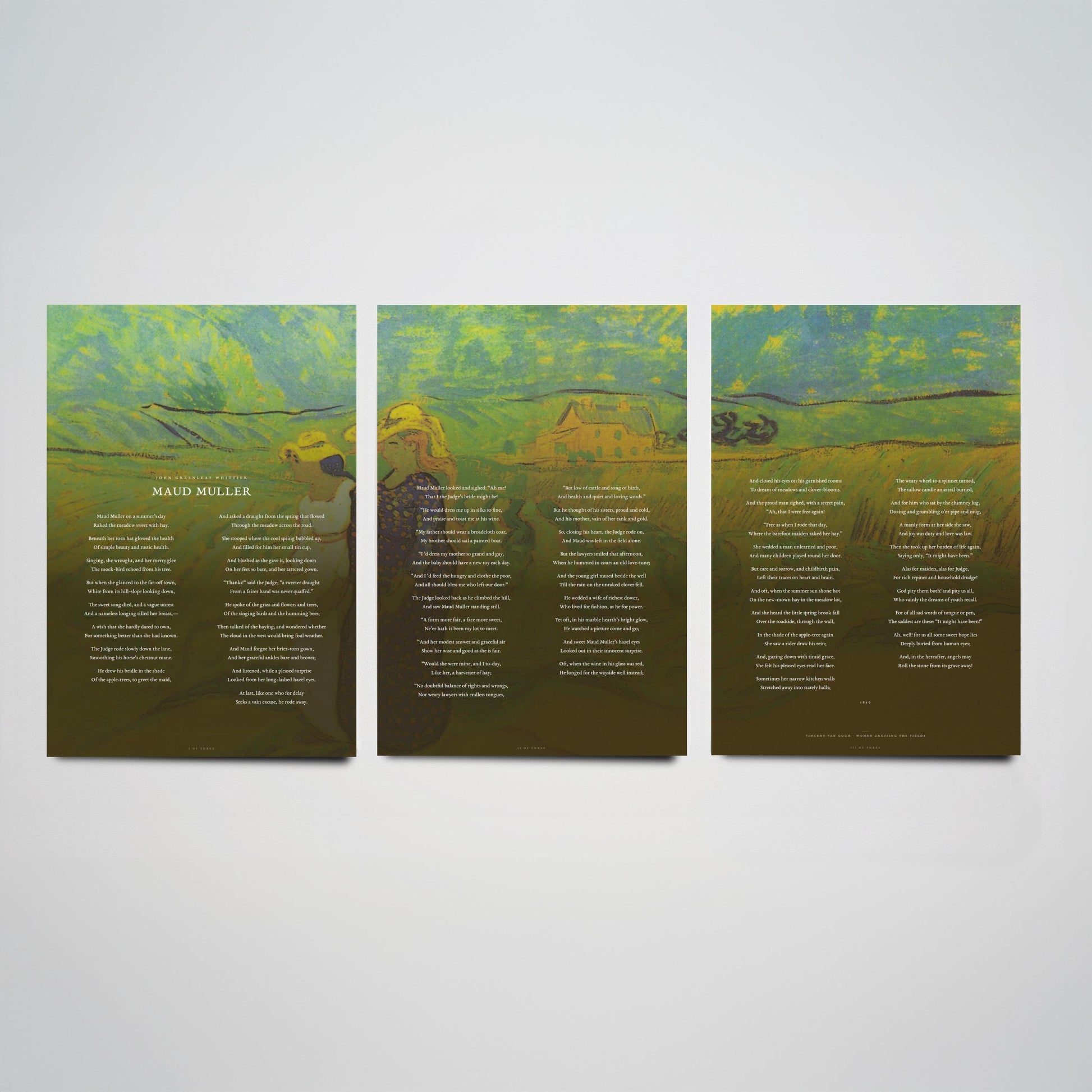 Maud Muller by John Greenleaf Whittier Set of Three Art Prints - Full Poem over Van Gogh Fields Painting - Poetry Poster Triptych Decor