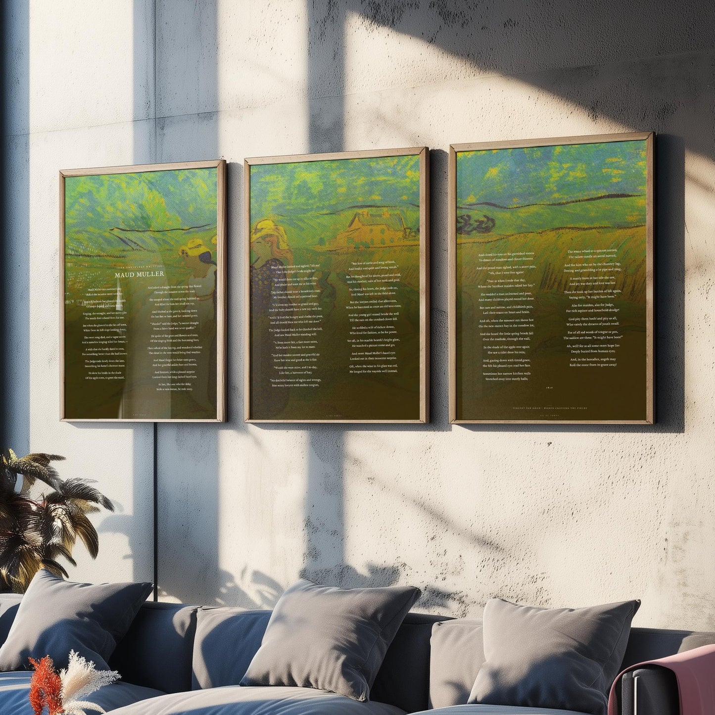 Maud Muller by John Greenleaf Whittier Set of Three Art Prints - Full Poem over Van Gogh Fields Painting - Poetry Poster Triptych Decor