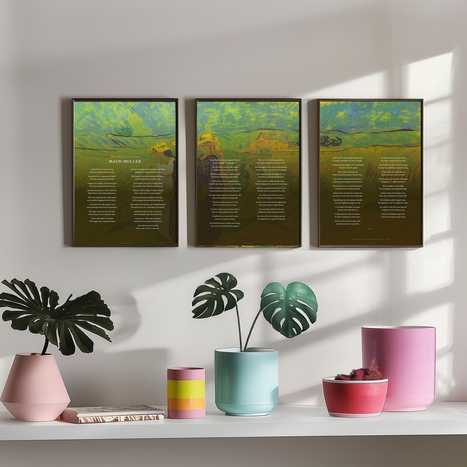 Maud Muller by John Greenleaf Whittier Set of Three Art Prints - Full Poem over Van Gogh Fields Painting - Poetry Poster Triptych Decor