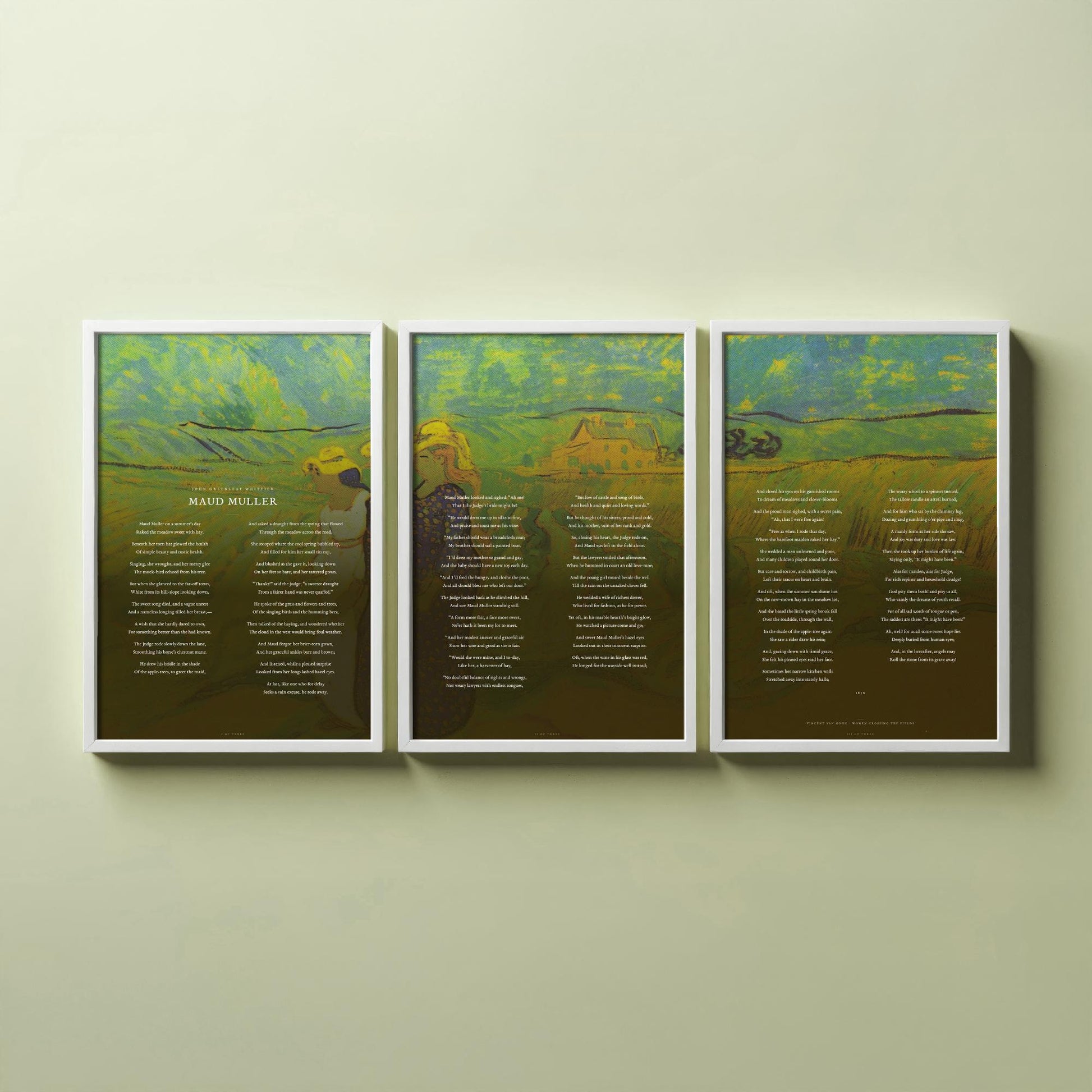 Maud Muller by John Greenleaf Whittier Set of Three Art Prints - Full Poem over Van Gogh Fields Painting - Poetry Poster Triptych Decor