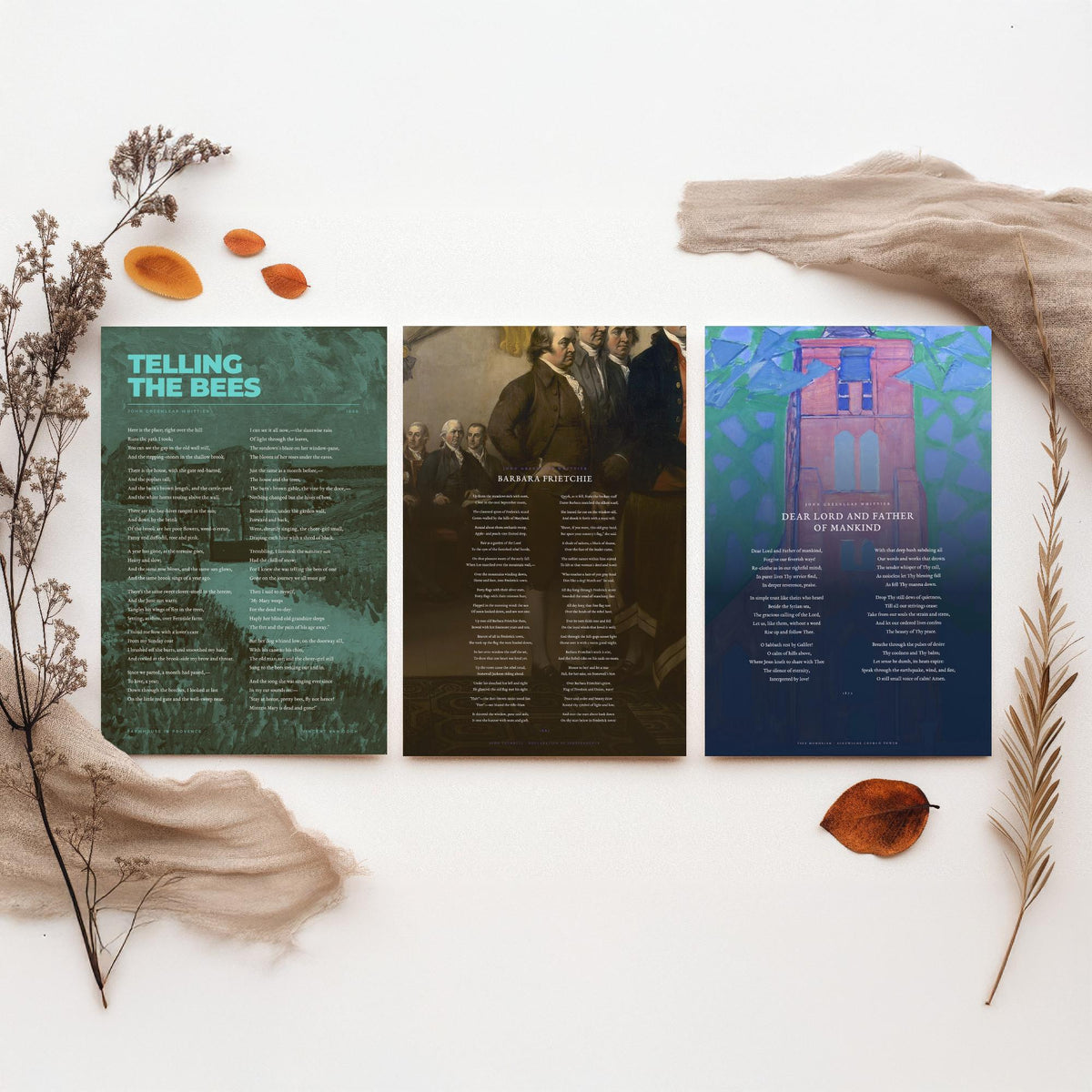 Whittier Poems Set of Three Art Prints - Telling the Bees, Barbara Frietchie, Dear Lord and Father of Mankind - Painting Poster Triptych