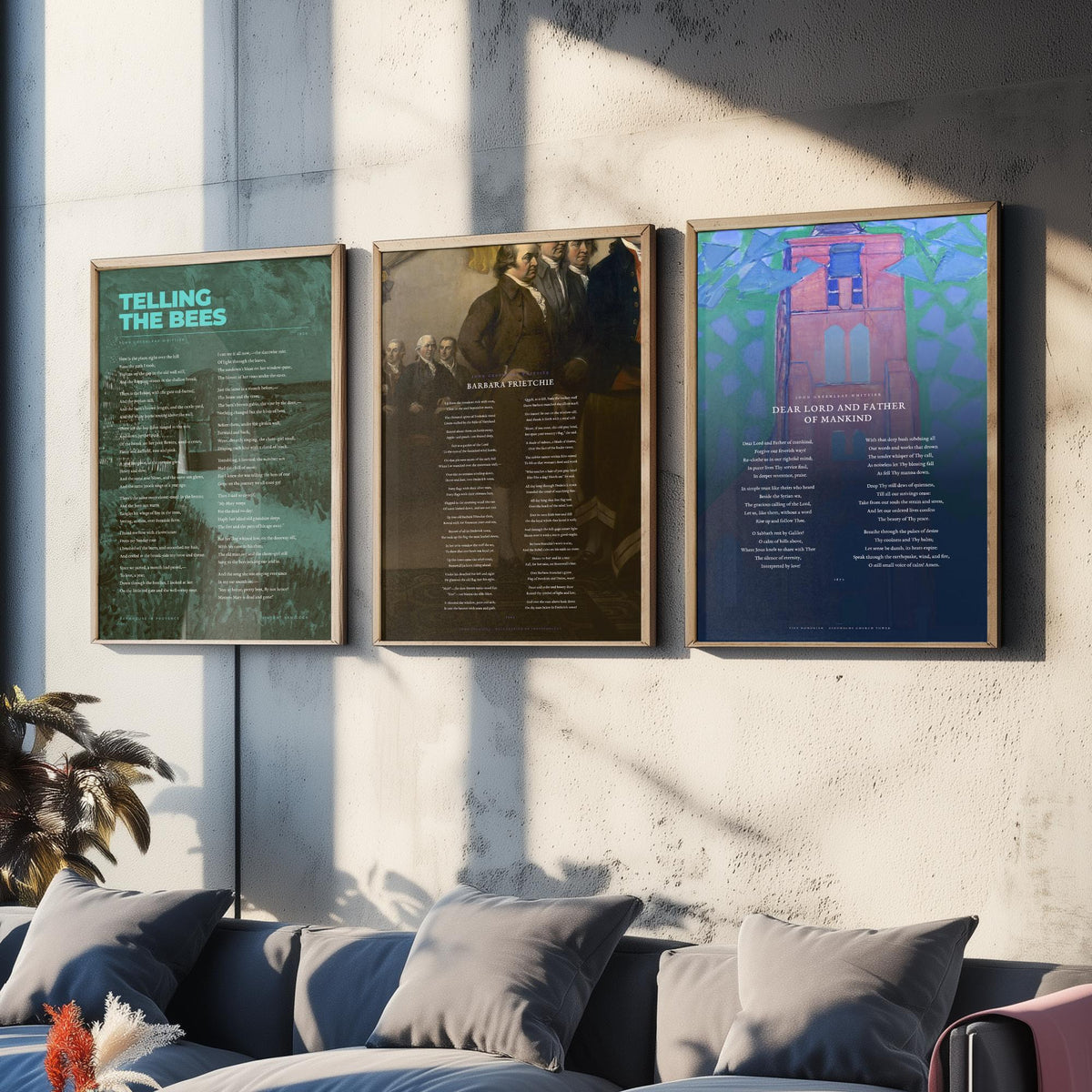 Whittier Poems Set of Three Art Prints - Telling the Bees, Barbara Frietchie, Dear Lord and Father of Mankind - Painting Poster Triptych