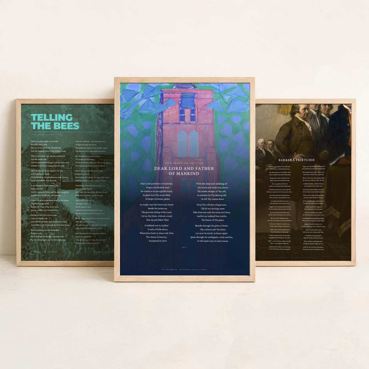 Whittier Poems Set of Three Art Prints - Telling the Bees, Barbara Frietchie, Dear Lord and Father of Mankind - Painting Poster Triptych