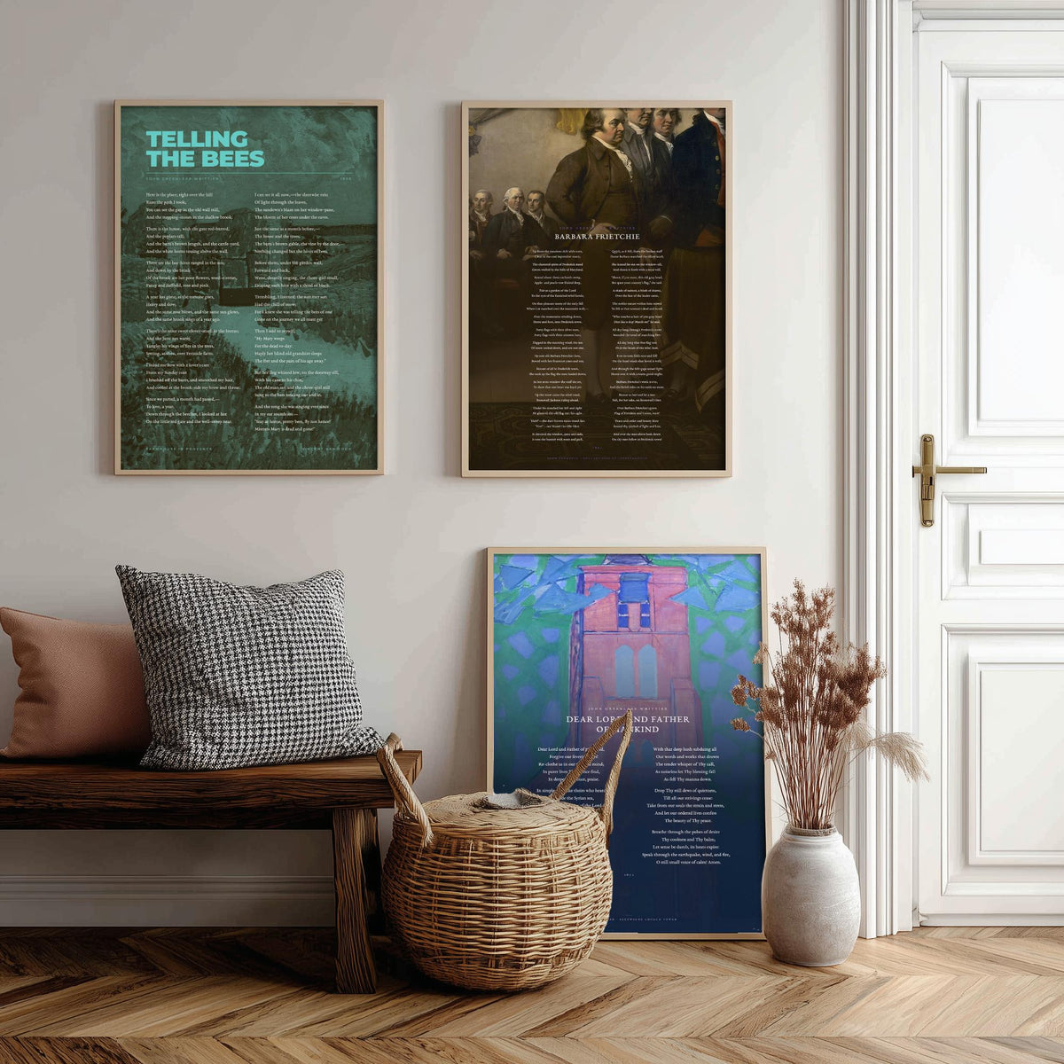 Whittier Poems Set of Three Art Prints - Telling the Bees, Barbara Frietchie, Dear Lord and Father of Mankind - Painting Poster Triptych