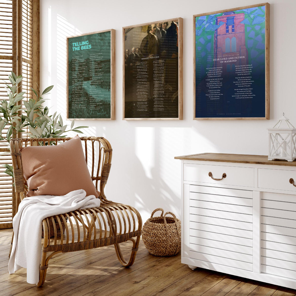 Whittier Poems Set of Three Art Prints - Telling the Bees, Barbara Frietchie, Dear Lord and Father of Mankind - Painting Poster Triptych