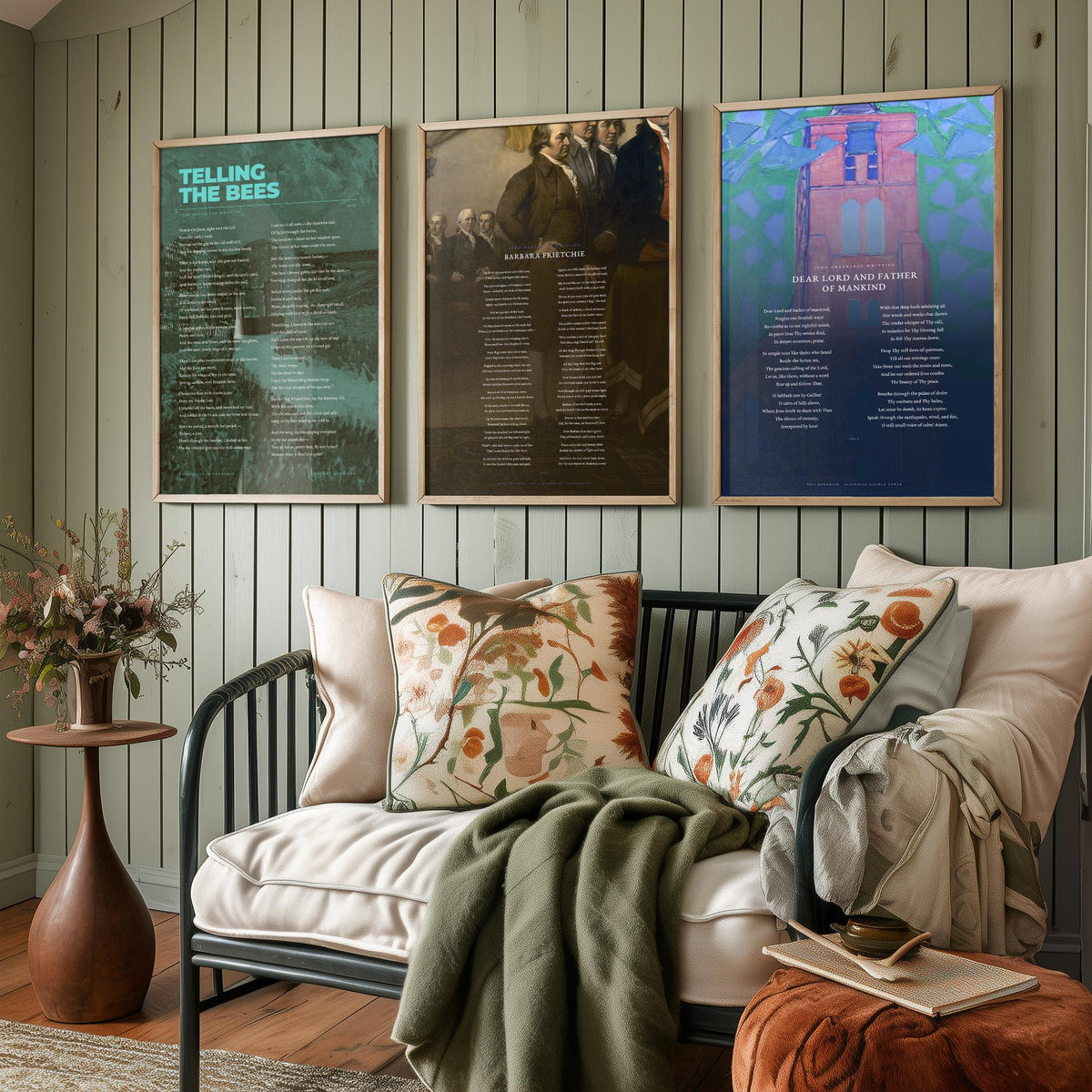 Whittier Poems Set of Three Art Prints - Telling the Bees, Barbara Frietchie, Dear Lord and Father of Mankind - Painting Poster Triptych