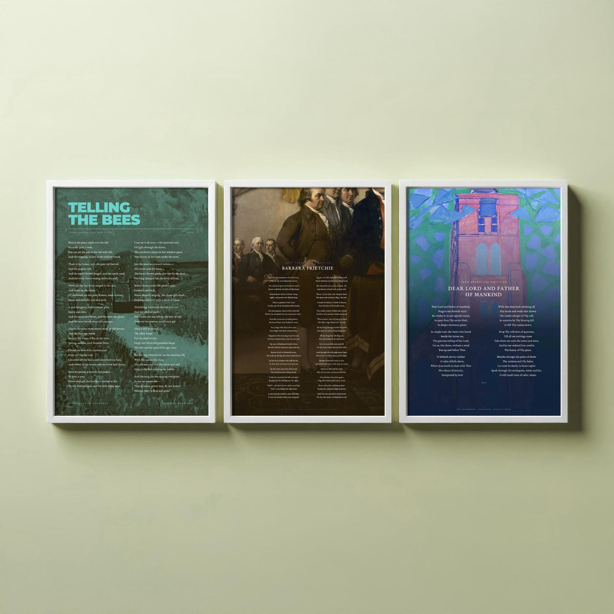 Whittier Poems Set of Three Art Prints - Telling the Bees, Barbara Frietchie, Dear Lord and Father of Mankind - Painting Poster Triptych