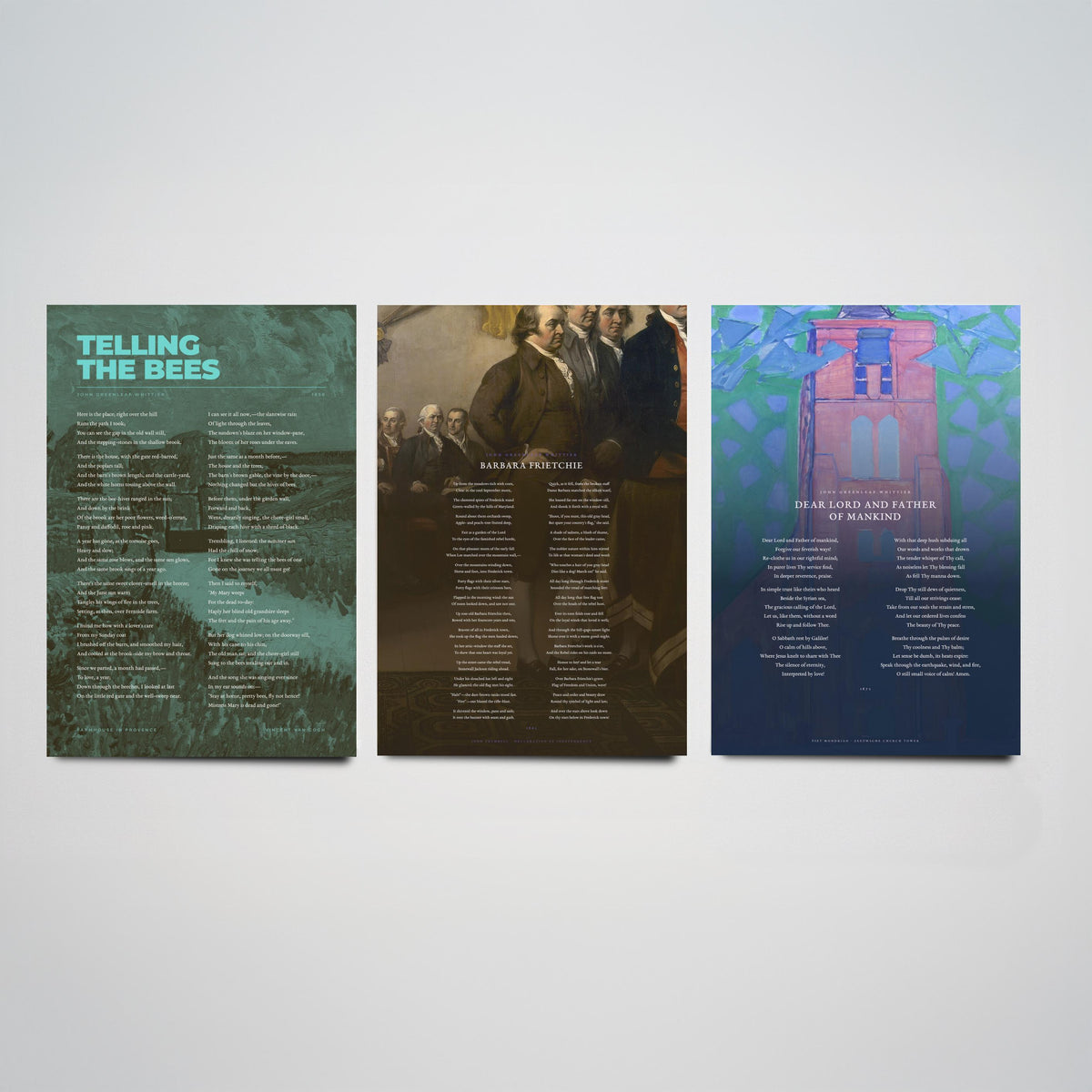 Whittier Poems Set of Three Art Prints - Telling the Bees, Barbara Frietchie, Dear Lord and Father of Mankind - Painting Poster Triptych