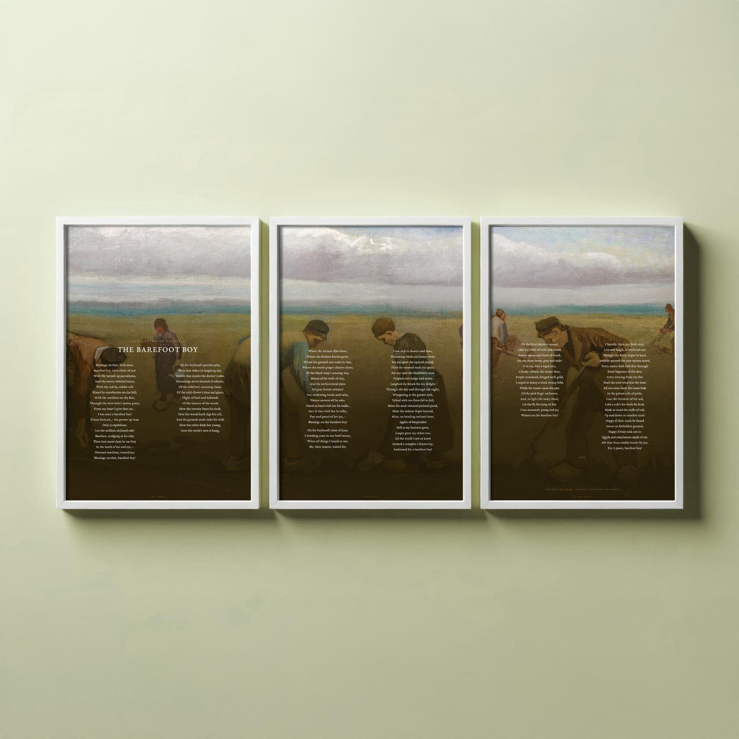 The Barefoot Boy by John Greenleaf Whittier Set of Three Art Prints - Full Poem over Van Gogh Painting - Nostalgic Poetry Poster Triptych