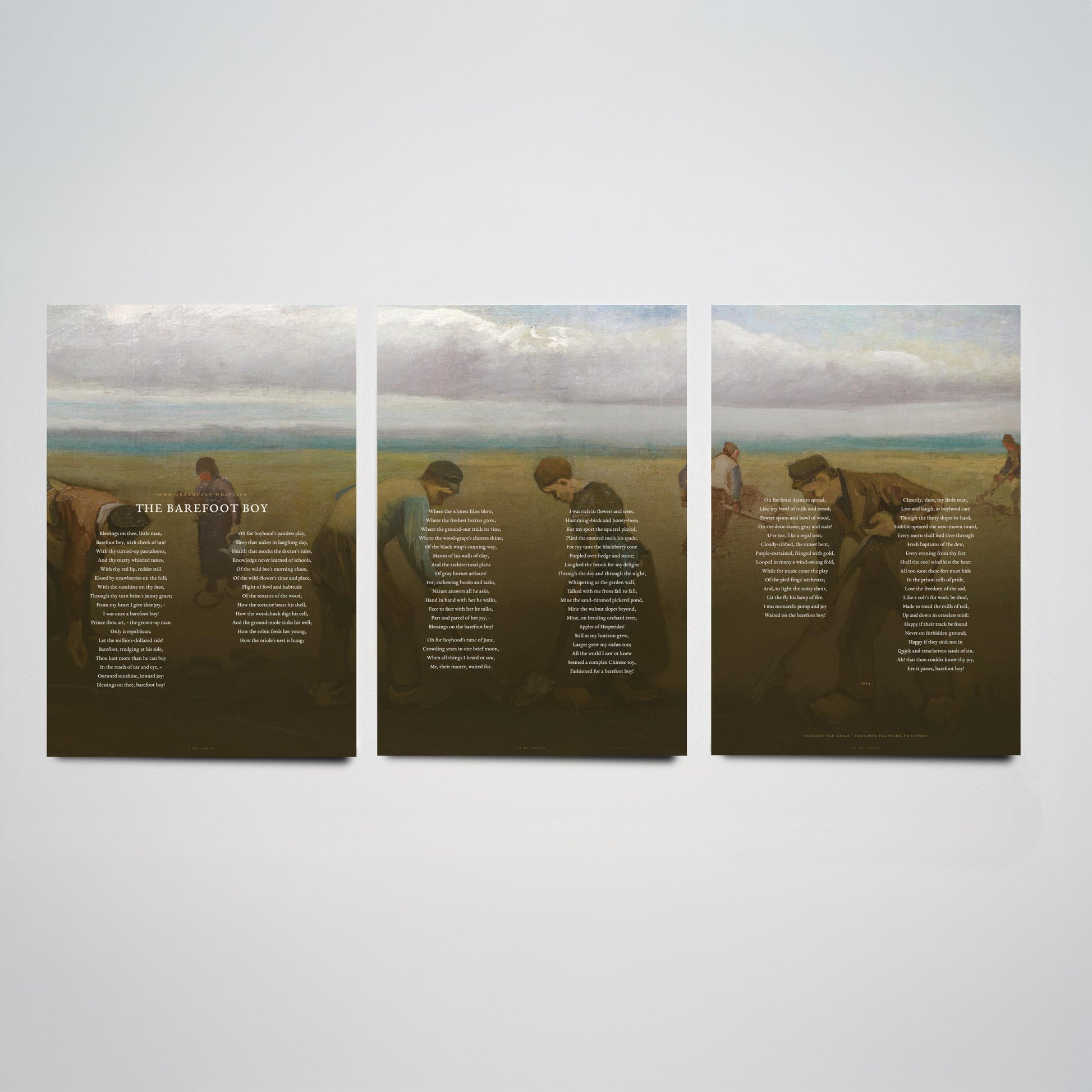 The Barefoot Boy by John Greenleaf Whittier Set of Three Art Prints - Full Poem over Van Gogh Painting - Nostalgic Poetry Poster Triptych