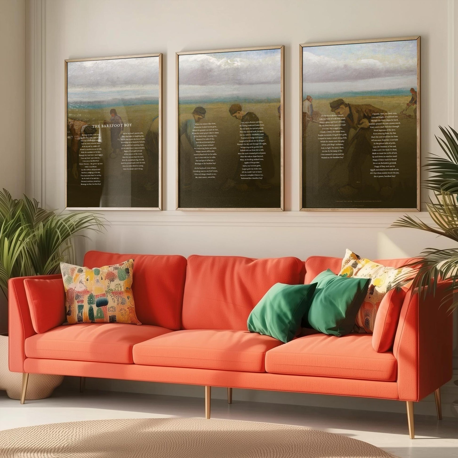 The Barefoot Boy by John Greenleaf Whittier Set of Three Art Prints - Full Poem over Van Gogh Painting - Nostalgic Poetry Poster Triptych