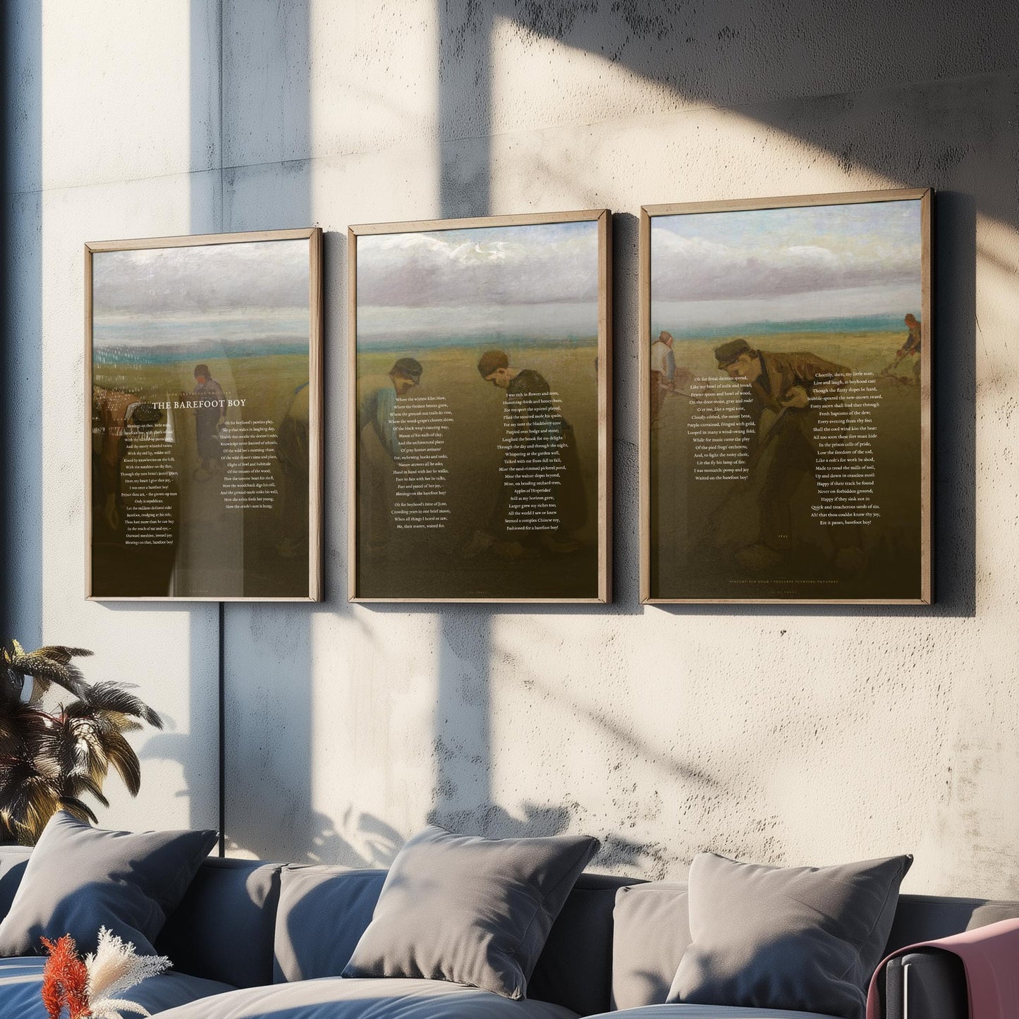 The Barefoot Boy by John Greenleaf Whittier Set of Three Art Prints - Full Poem over Van Gogh Painting - Nostalgic Poetry Poster Triptych