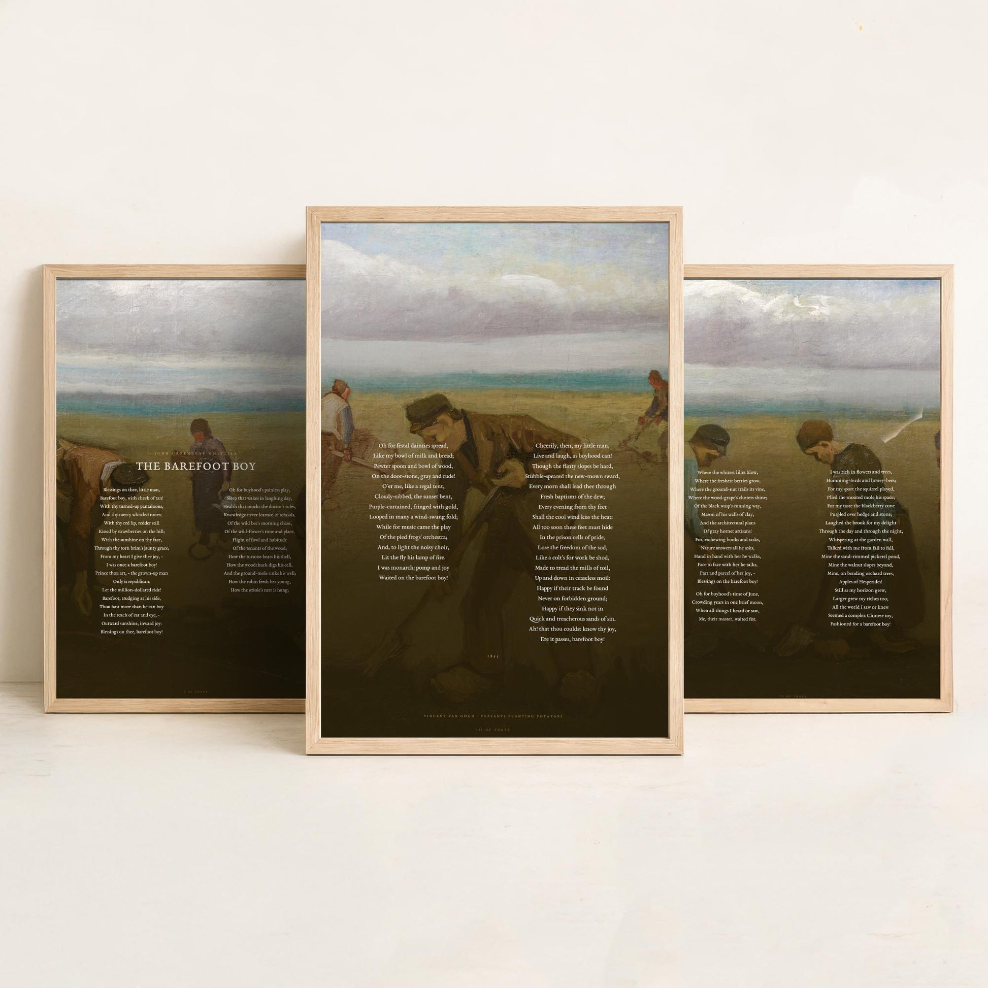 The Barefoot Boy by John Greenleaf Whittier Set of Three Art Prints - Full Poem over Van Gogh Painting - Nostalgic Poetry Poster Triptych