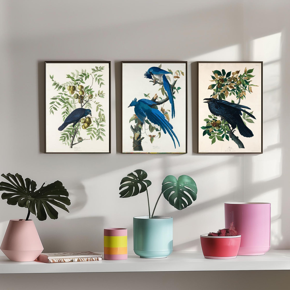 Set of Three John James Audubon Prints - American Crow Columbia Jay Raven - 3 Bird Paintings Poster Wall Art Gift Illustration
