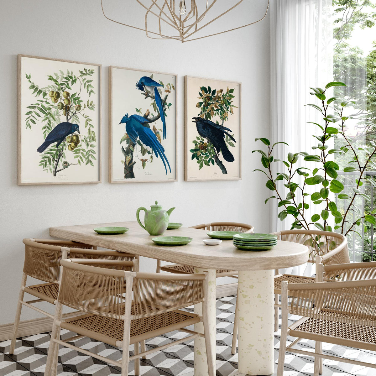 Set of Three John James Audubon Prints - American Crow Columbia Jay Raven - 3 Bird Paintings Poster Wall Art Gift Illustration