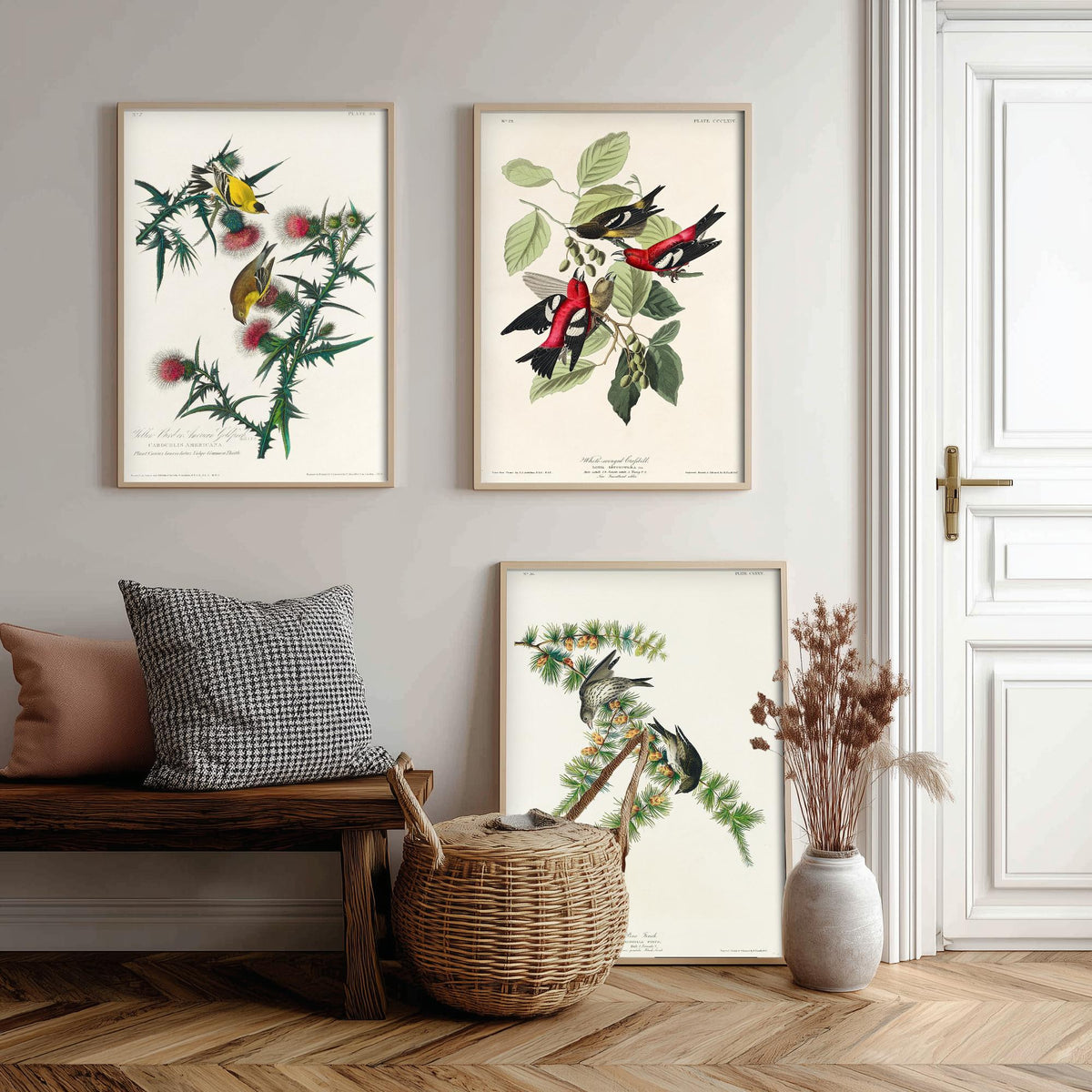 Set of Three John James Audubon Prints - American Goldfinch White-winged Crossbill Pine Siskin - 3 Bird Paintings Poster Wall Art Gift