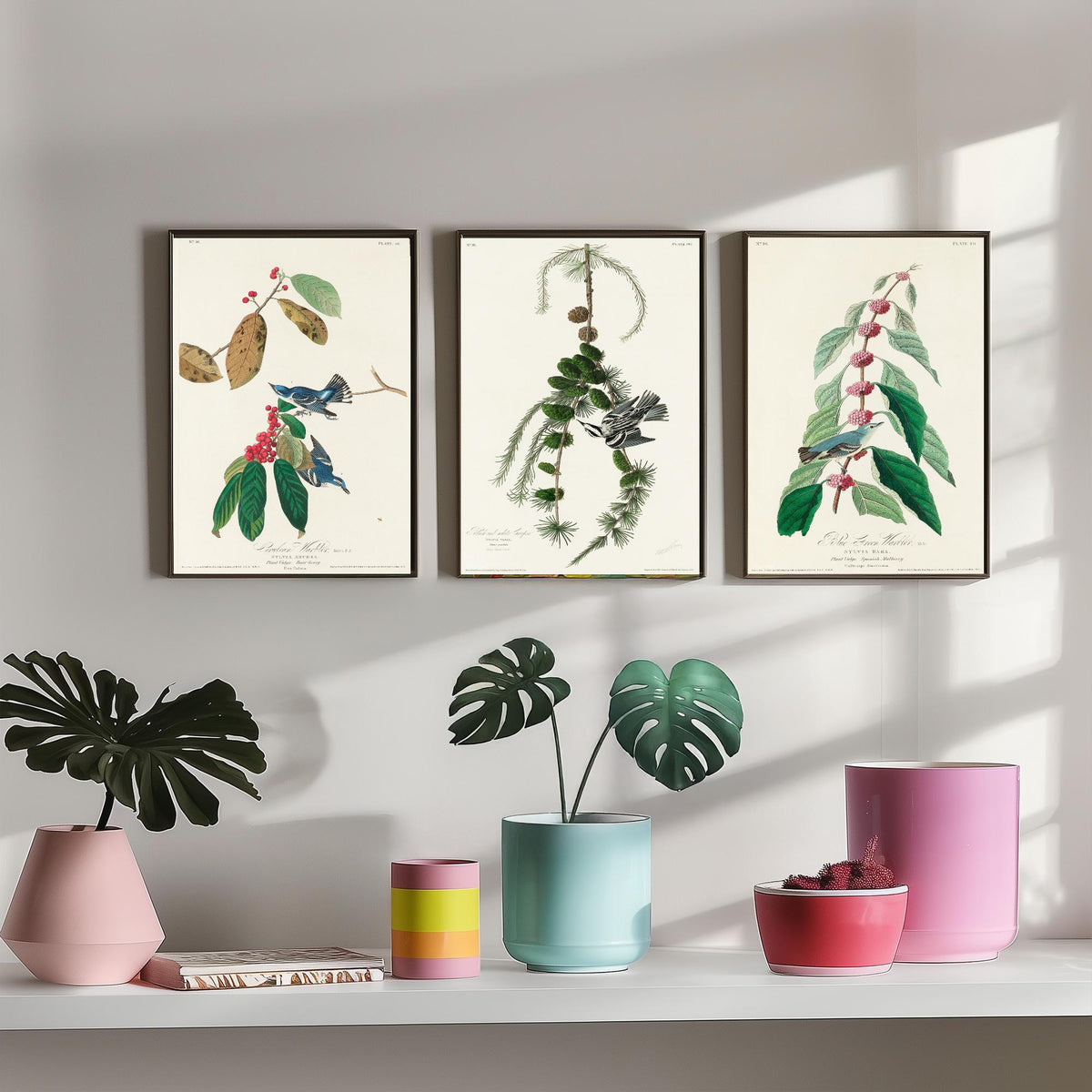 Set of Three John James Audubon Prints - Cerulean Black-and-white Blue-Green Warblers - 3 Bird Paintings Poster Wall Art Illustration