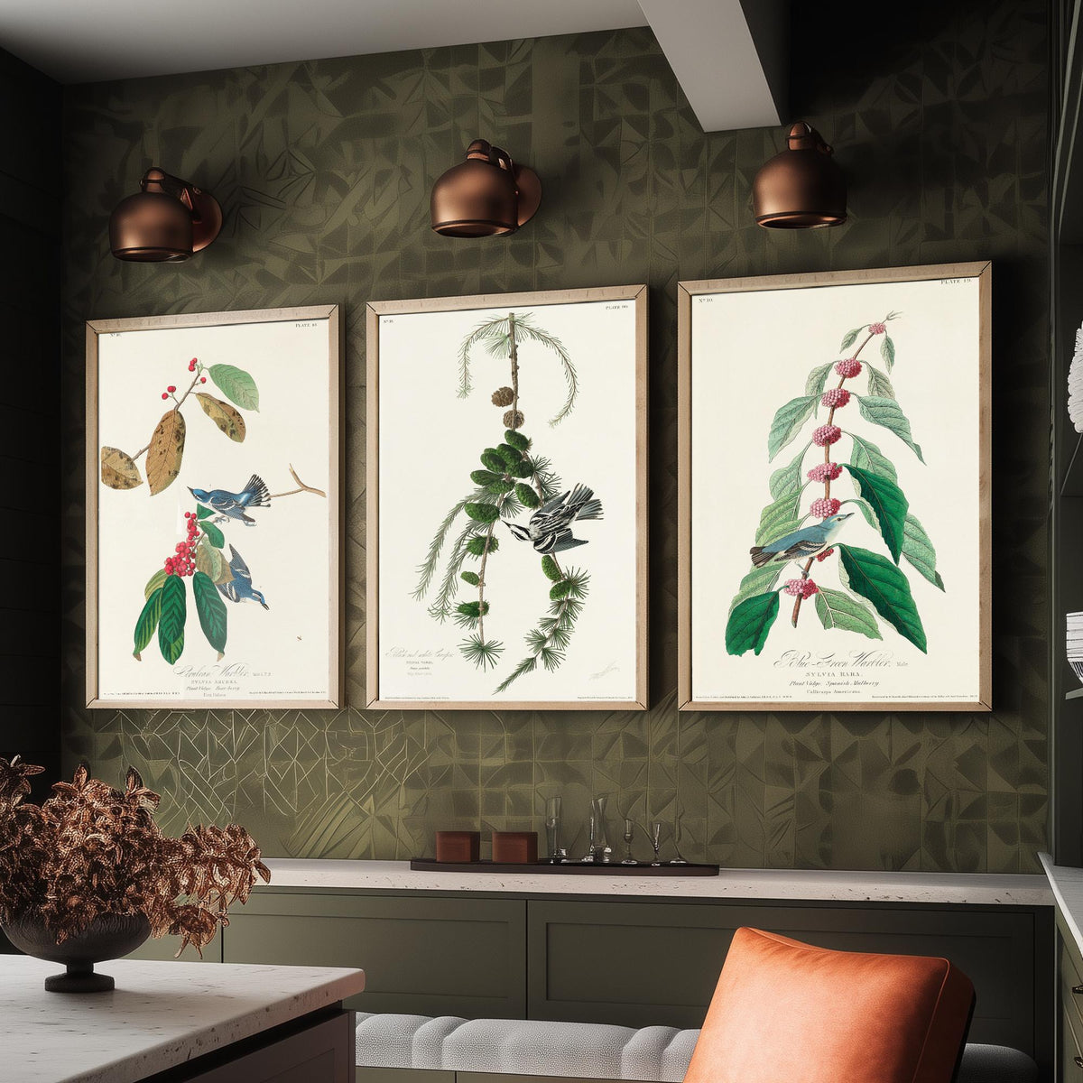 Set of Three John James Audubon Prints - Cerulean Black-and-white Blue-Green Warblers - 3 Bird Paintings Poster Wall Art Illustration