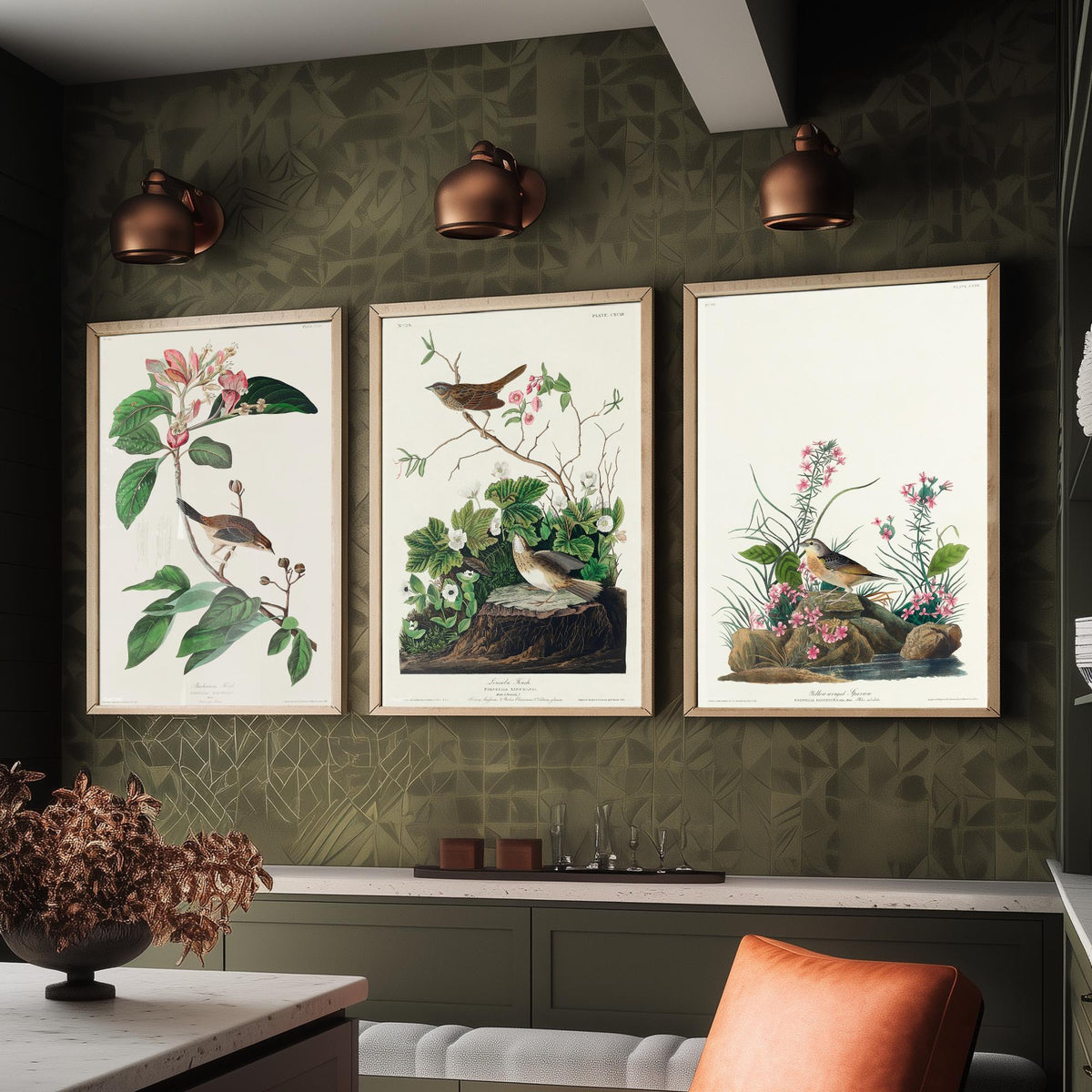 Set of Three John James Audubon Prints - Bachman's Lincoln's Grasshopper Sparrows - 3 Bird Paintings Poster Wall Art Gift Ornithology