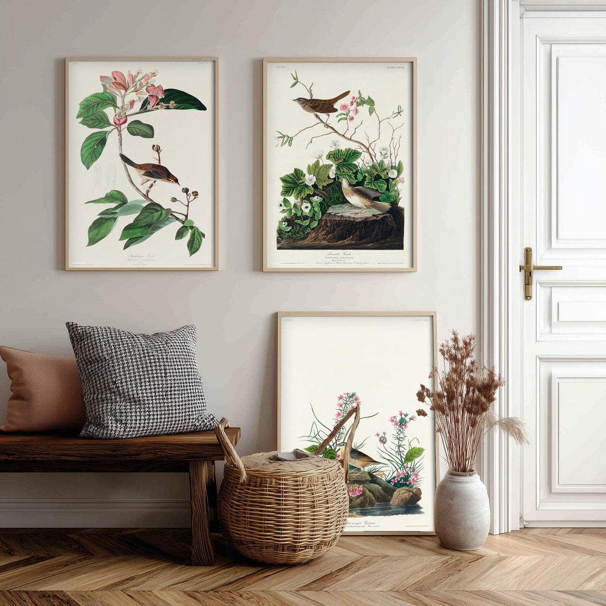 Set of Three John James Audubon Prints - Bachman's Lincoln's Grasshopper Sparrows - 3 Bird Paintings Poster Wall Art Gift Ornithology