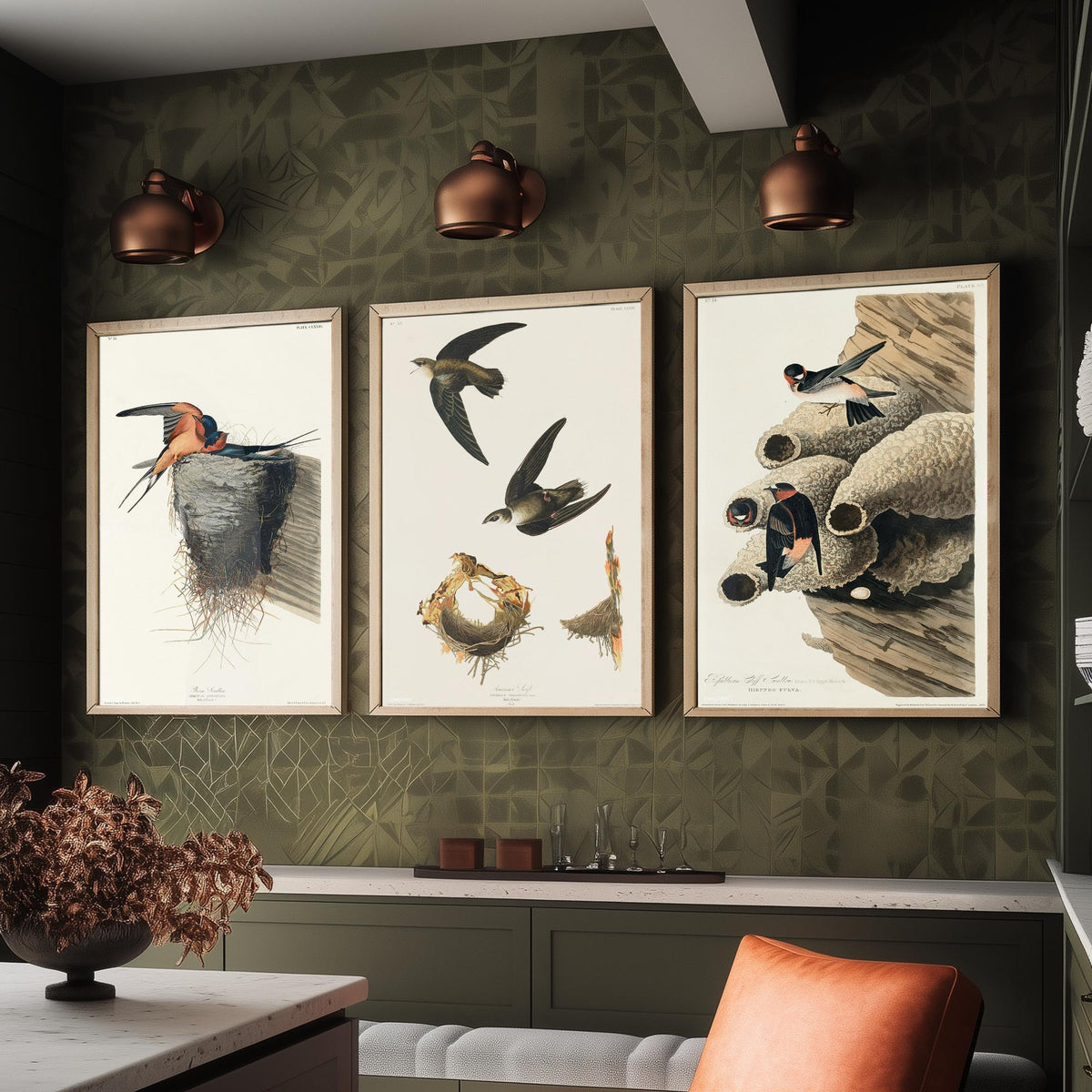 Set of Three John James Audubon Prints - Barn Swallow Chimney Swift Cliff Swallow - 3 Bird Paintings Poster Wall Art Gift Ornithology