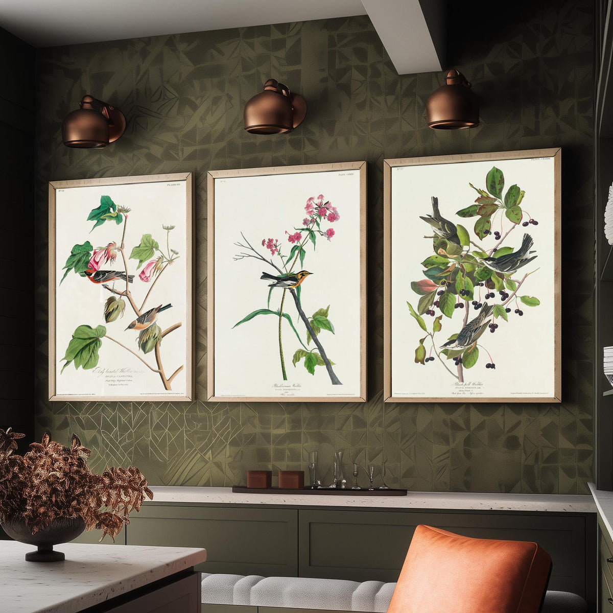 Set of Three John James Audubon Prints - Bay-breasted Blackburnian Blackpoll Warblers - 3 Bird Paintings Poster Wall Art Illustration