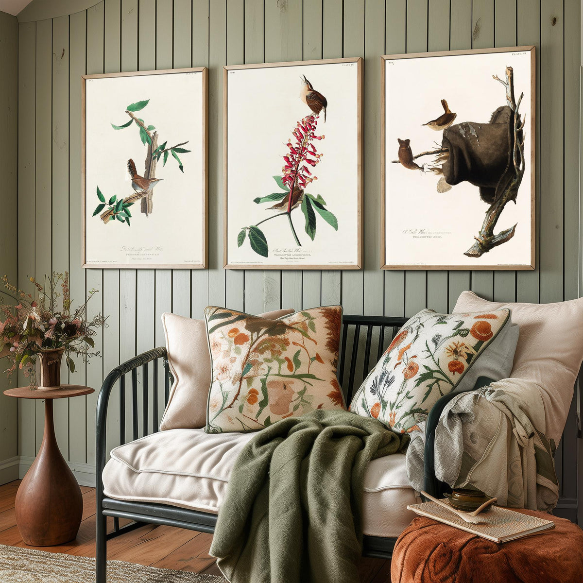 Set of Three John James Audubon Prints - Bewick's Carolina House Wrens - 3 Bird Paintings Poster Wall Art Gift Vintage Ornithology