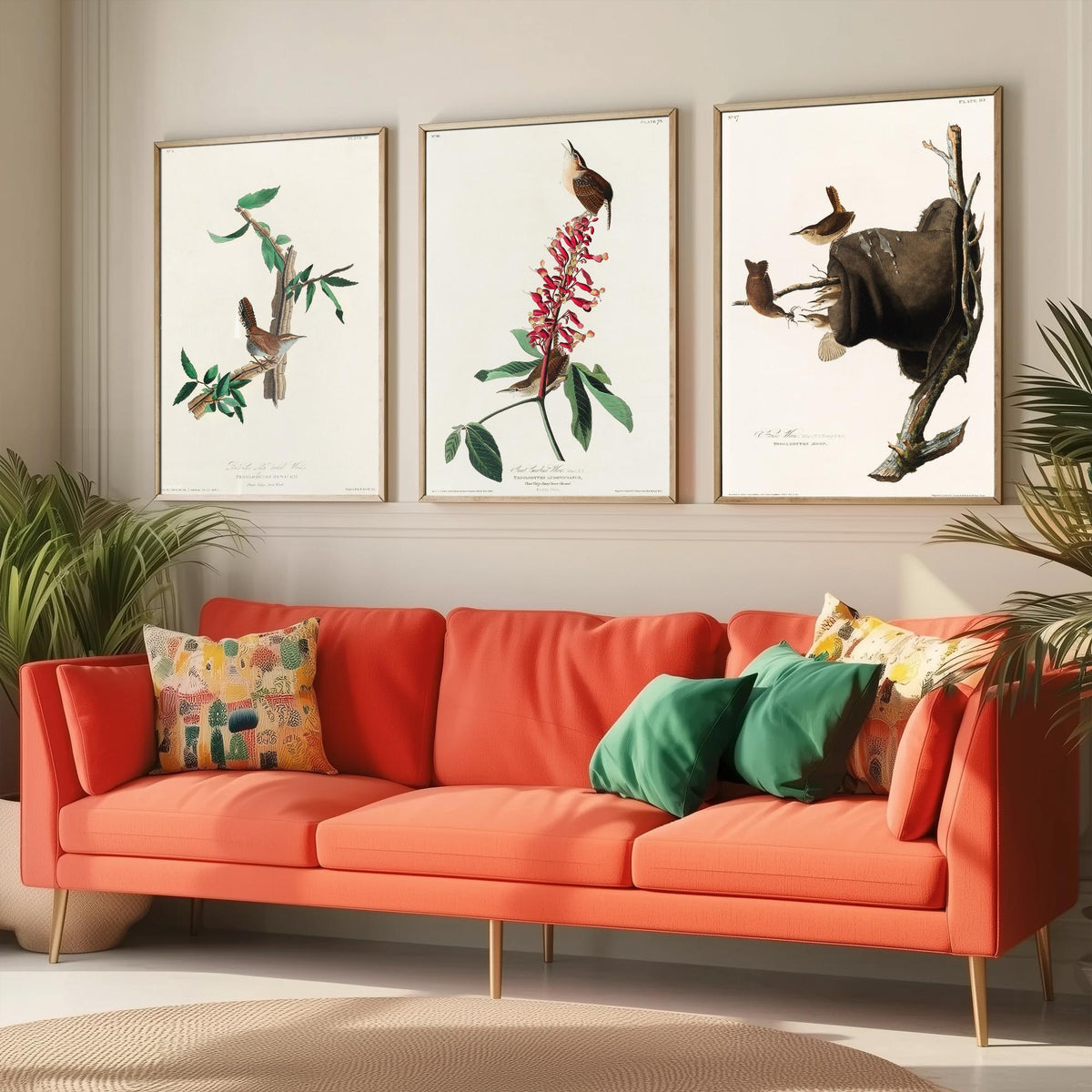 Set of Three John James Audubon Prints - Bewick's Carolina House Wrens - 3 Bird Paintings Poster Wall Art Gift Vintage Ornithology