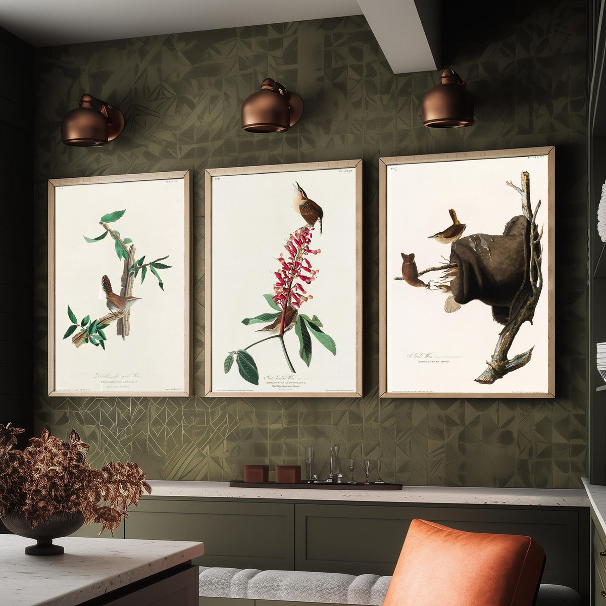 Set of Three John James Audubon Prints - Bewick's Carolina House Wrens - 3 Bird Paintings Poster Wall Art Gift Vintage Ornithology