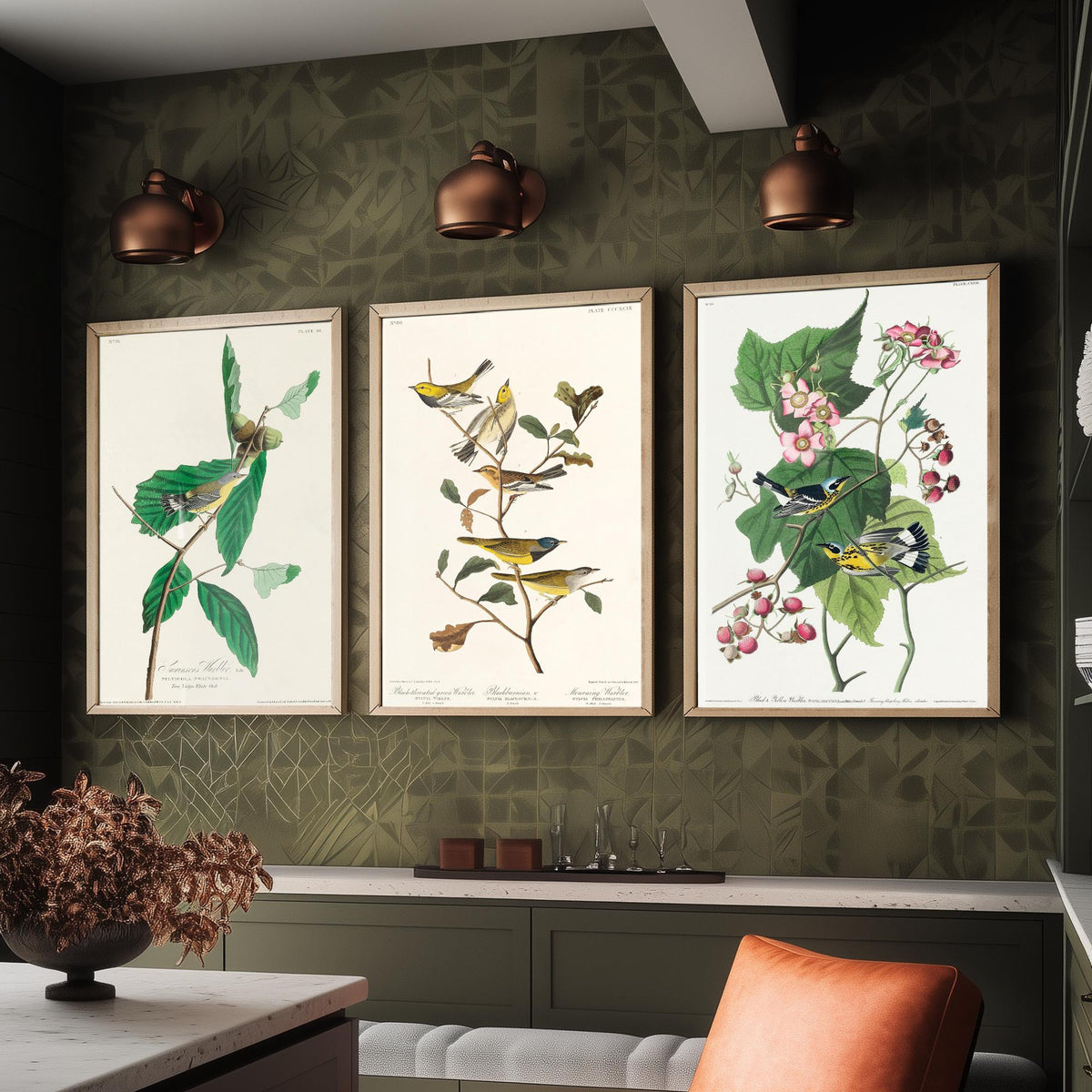 Set of Three Audubon Bird Prints - Swainson's Black-throated Green and Black and Yellow Warblers - 3 Bird Paintings Poster Wall Art