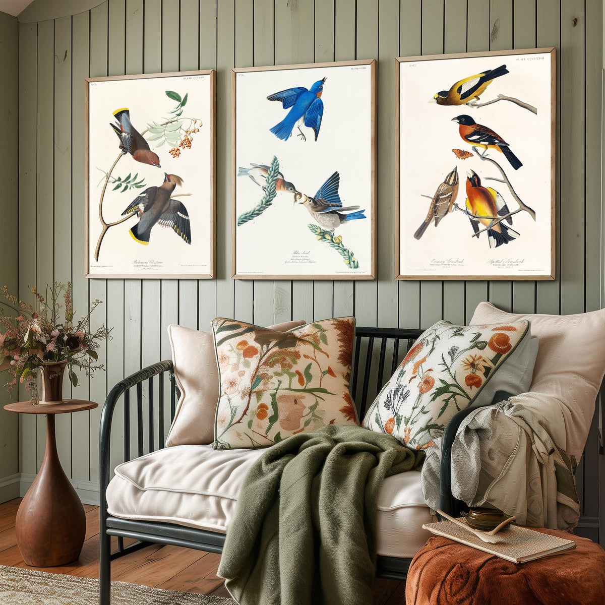 Set of Three John James Audubon Prints - Bohemian Chatterer Bluebird and Evening Grosbeak - 3 Bird Paintings Poster Wall Art