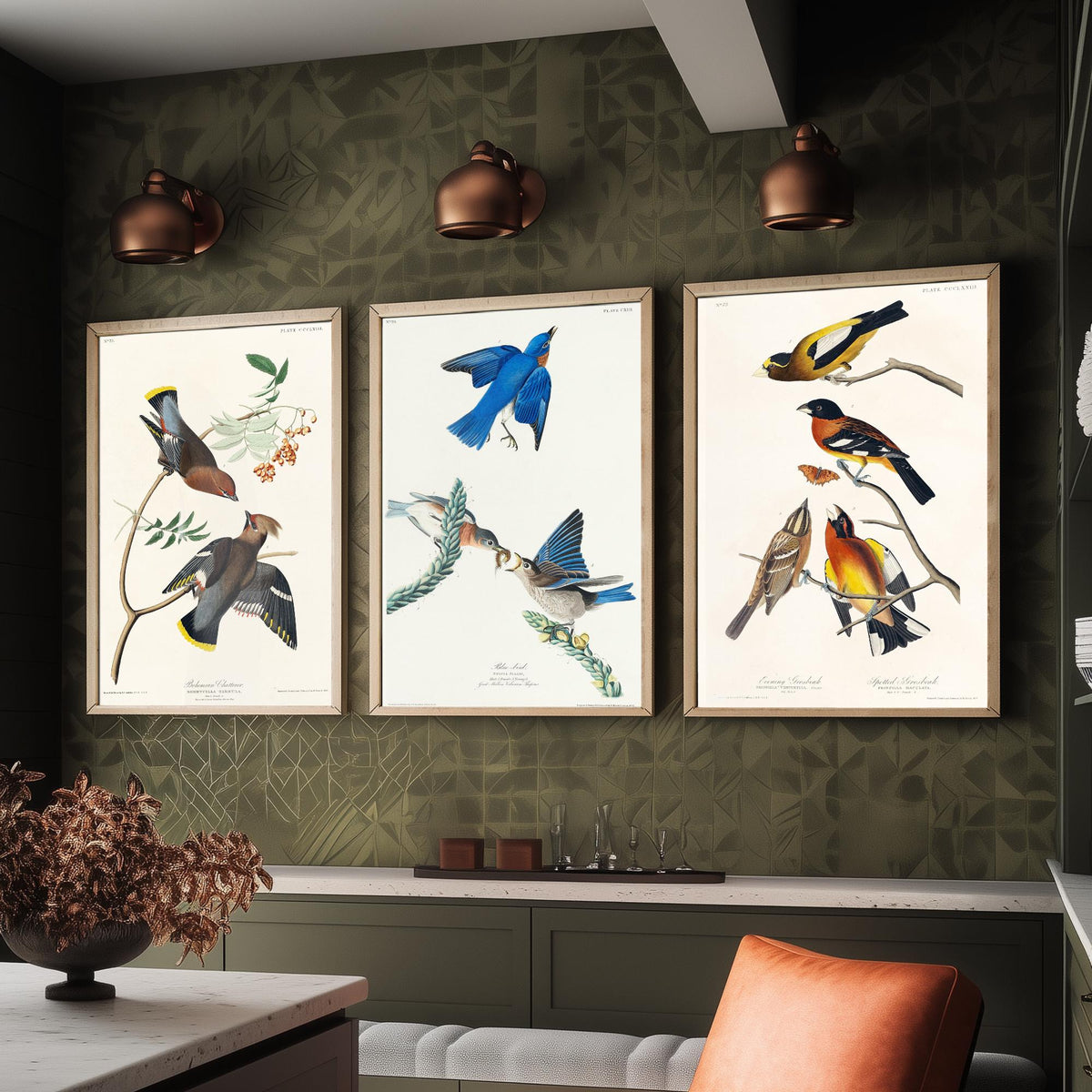 Set of Three John James Audubon Prints - Bohemian Chatterer Bluebird and Evening Grosbeak - 3 Bird Paintings Poster Wall Art