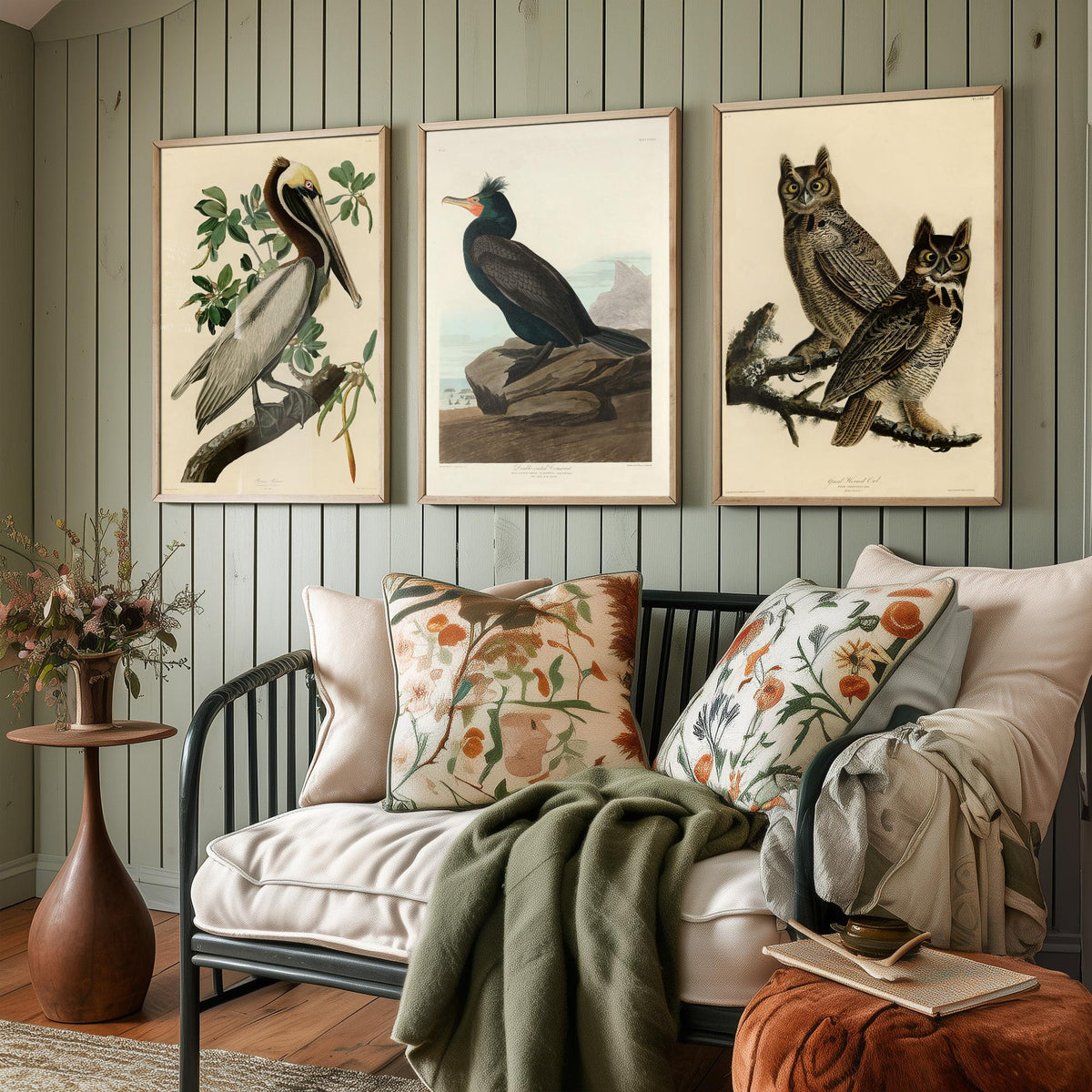 John James Audubon Set of Three Art Prints - Brown Pelican, Double Crested Cormorant, Great Horned Owl - Illustration Poster V3